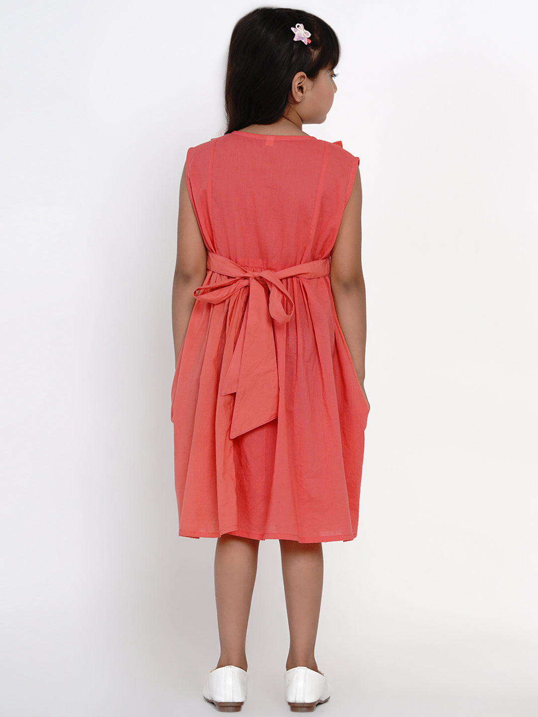 Bitiya By Bhama Girls Peach-Coloured Embroidered Fit And Flare Dress