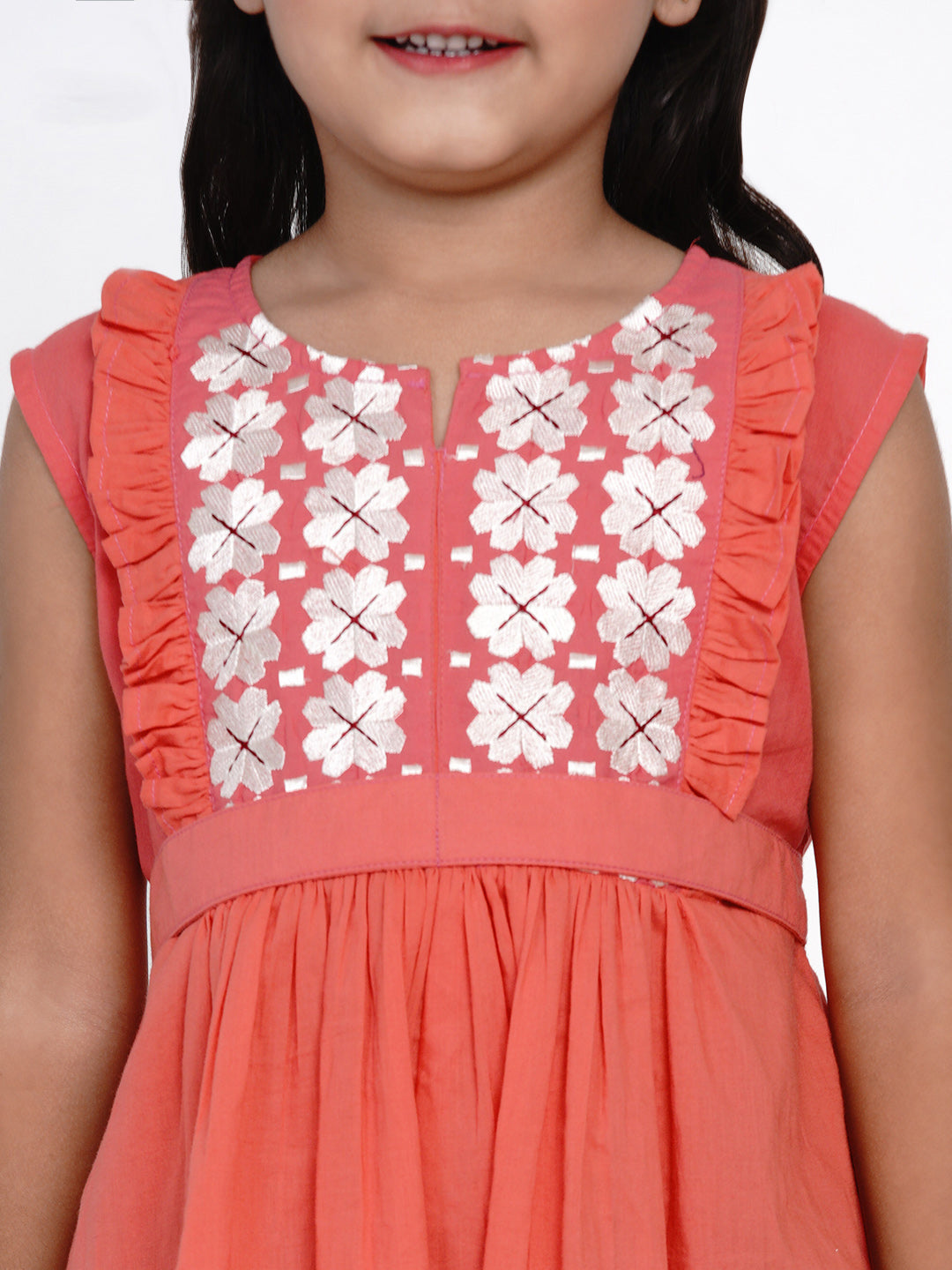 Bitiya By Bhama Girls Peach-Coloured Embroidered Fit And Flare Dress