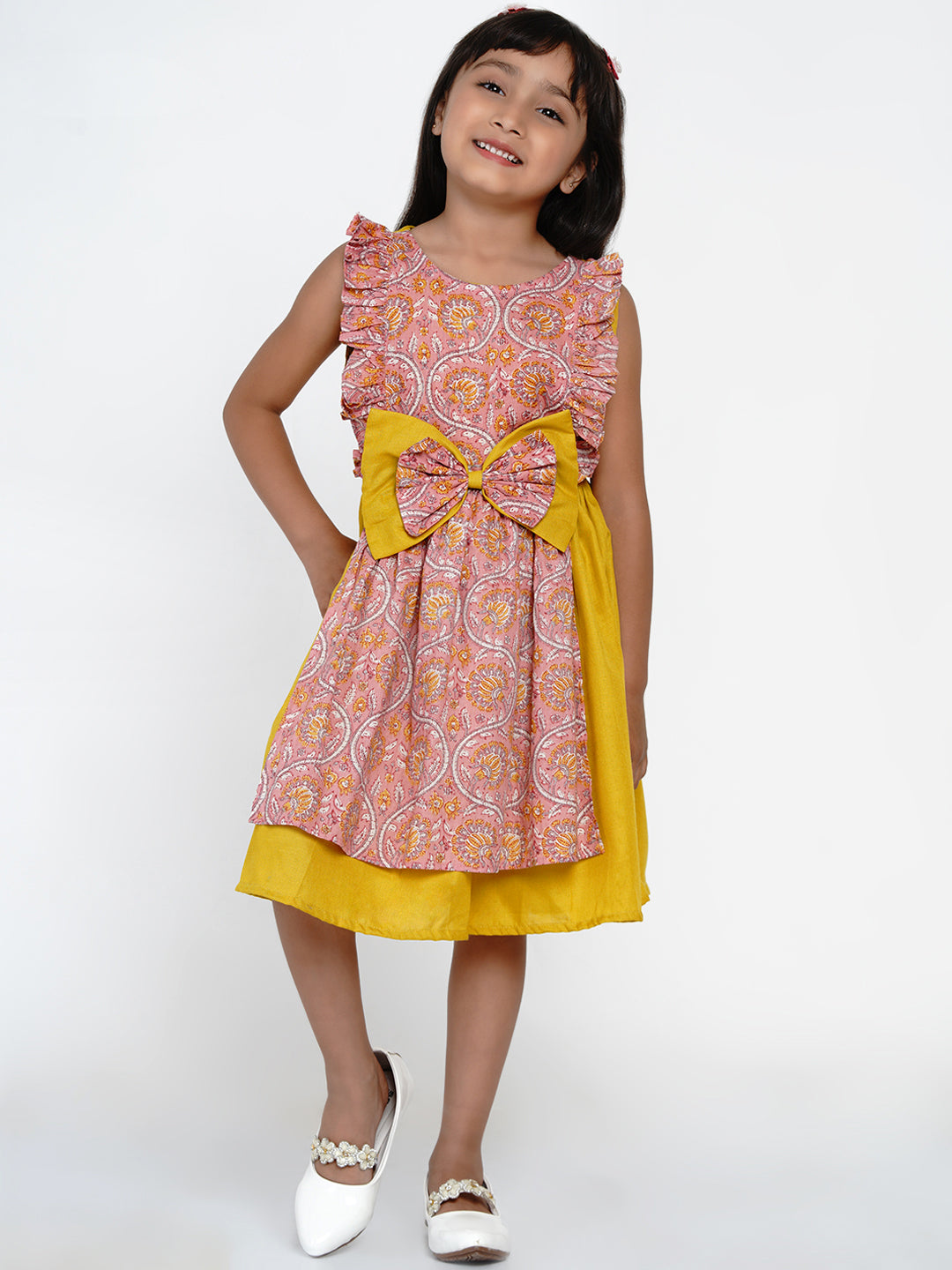 Bitiya by Bhama Girls Yellow & Pink Floral Printed Cotton Layered Fit and Flare Dress