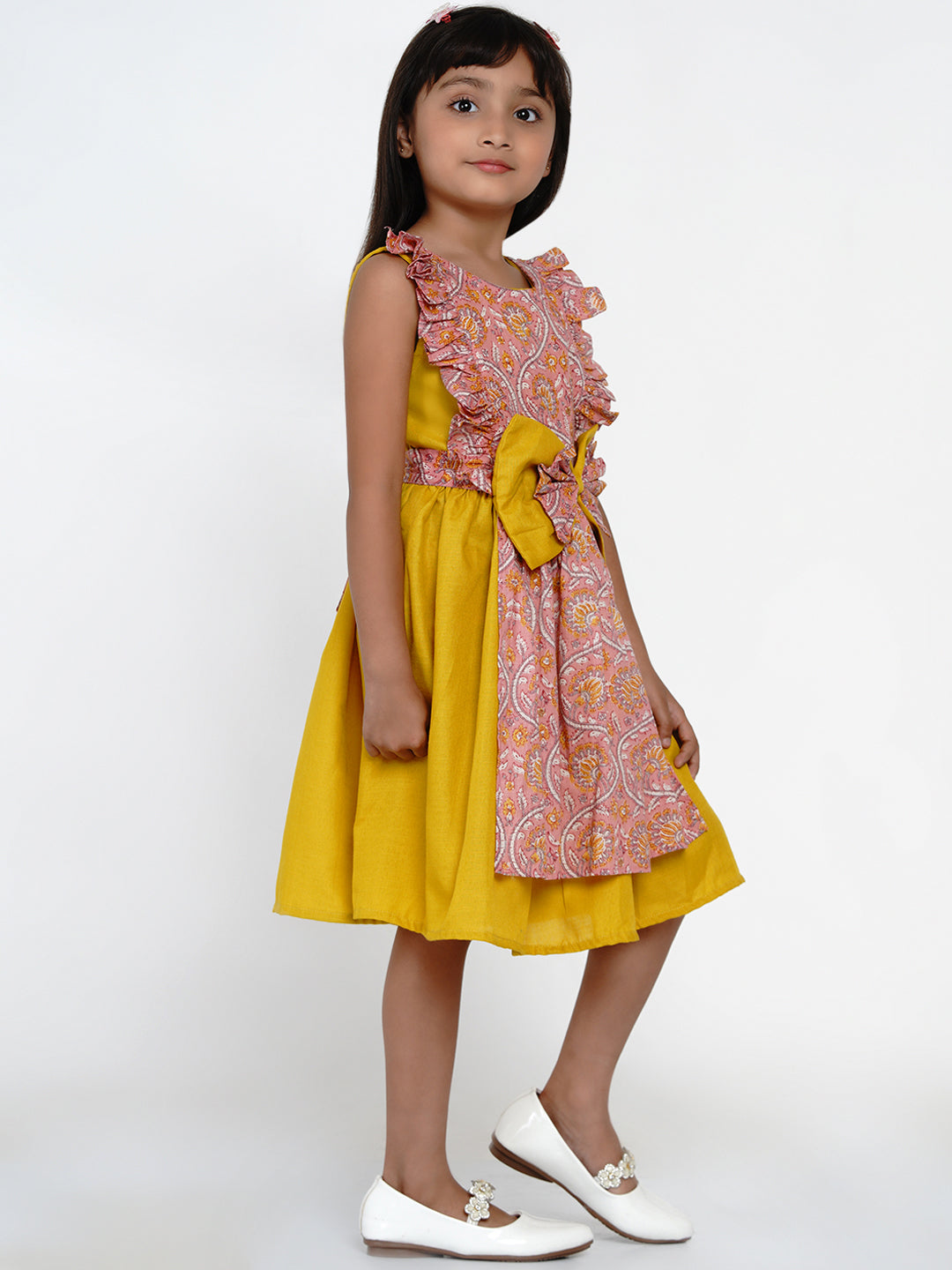 Bitiya by Bhama Girls Yellow & Pink Floral Printed Cotton Layered Fit and Flare Dress