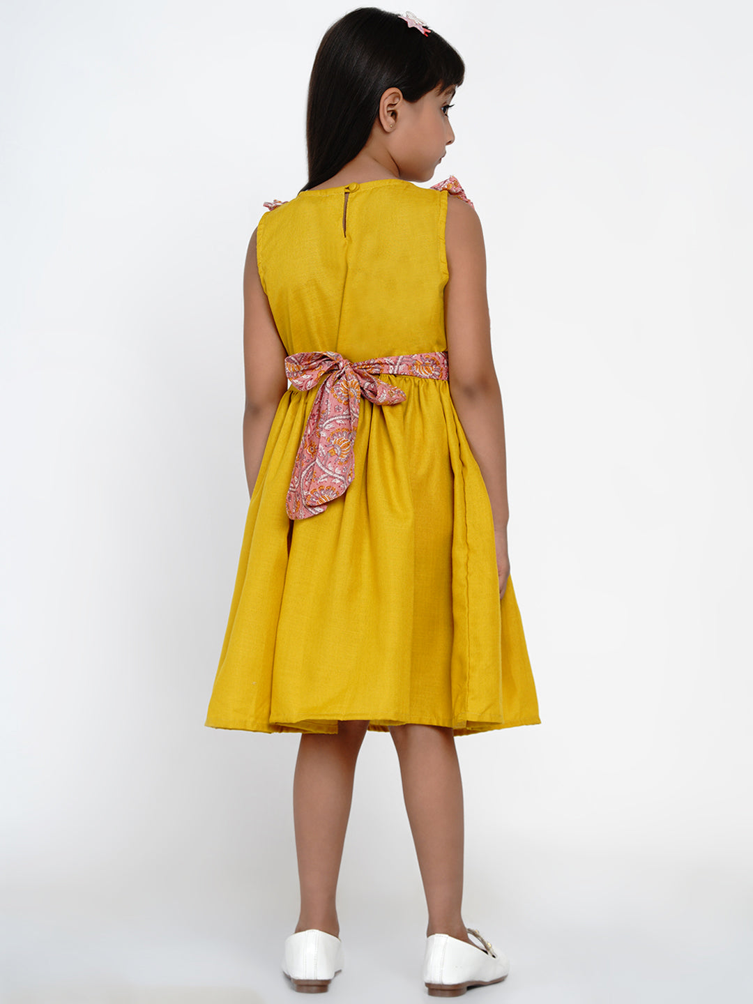 Bitiya by Bhama Girls Yellow & Pink Floral Printed Cotton Layered Fit and Flare Dress