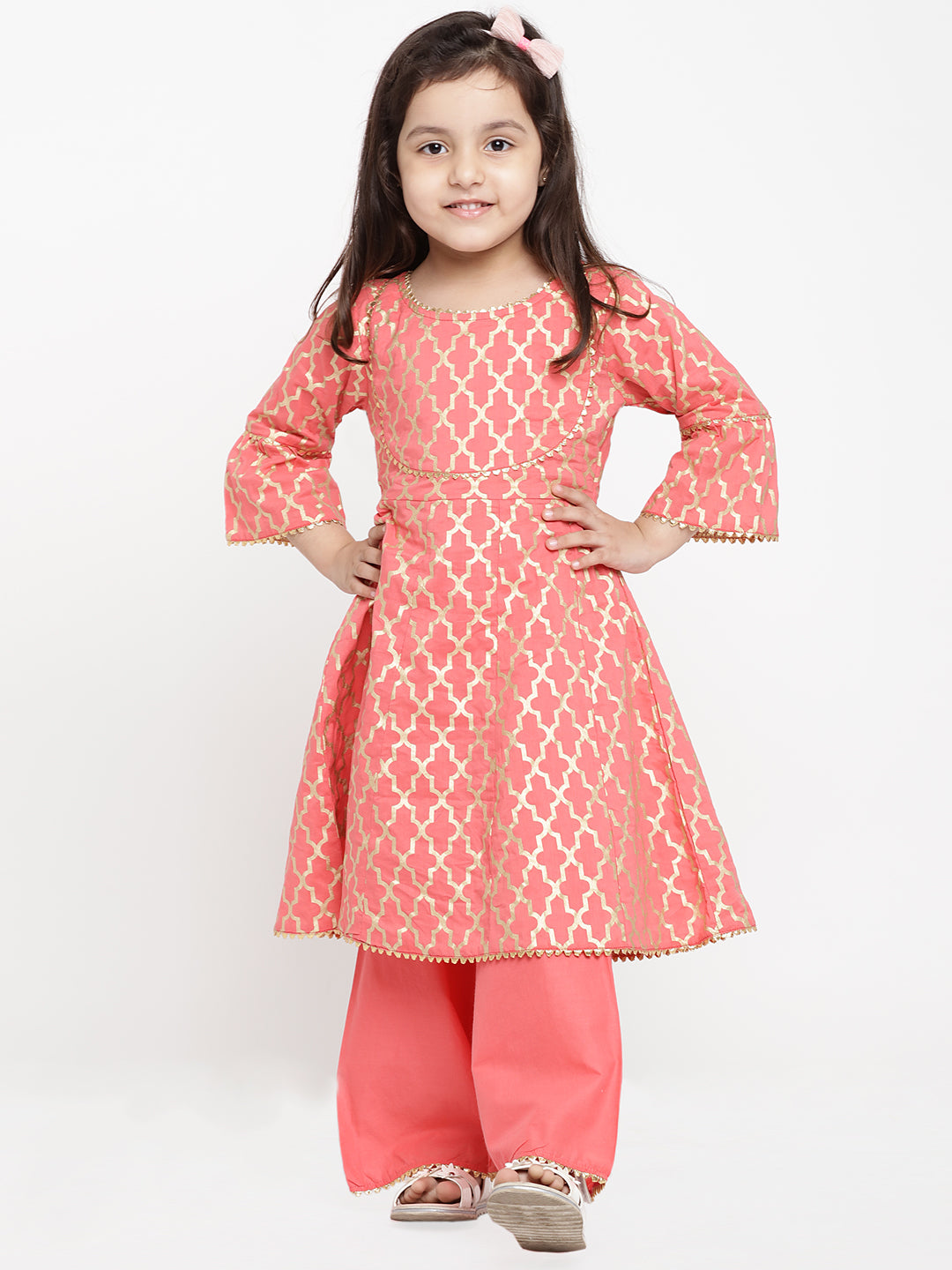 Bitiya by Bhama Girls Peach-Coloured Printed Kurti with Palazzos
