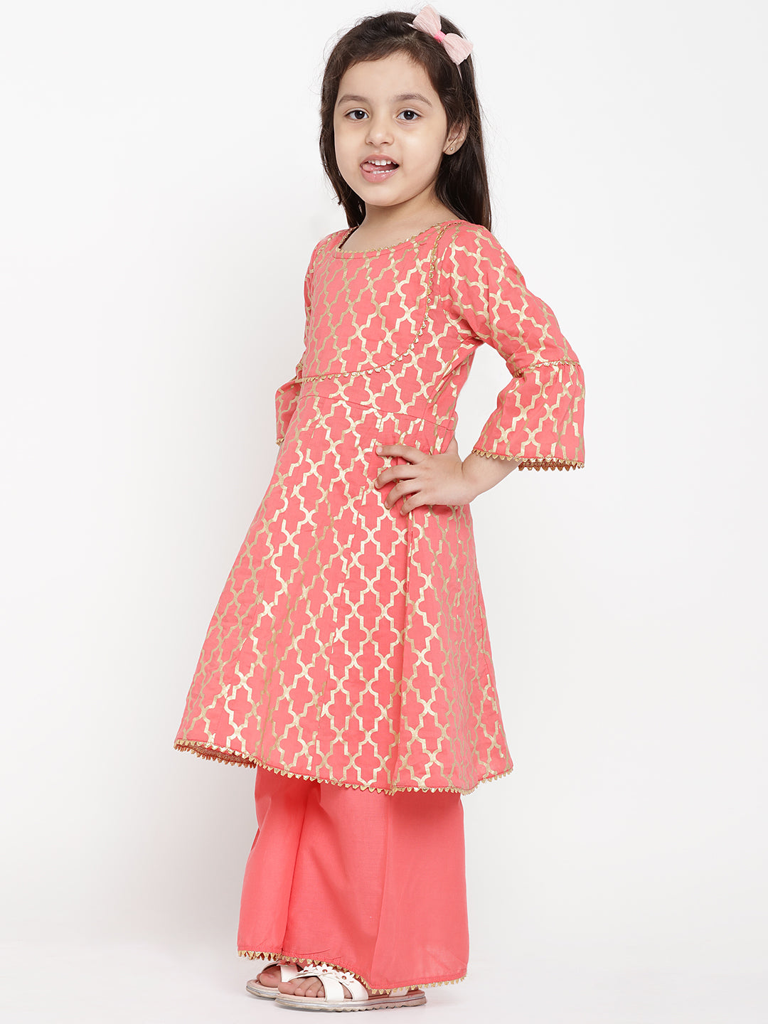 Bitiya by Bhama Girls Peach-Coloured Printed Kurti with Palazzos