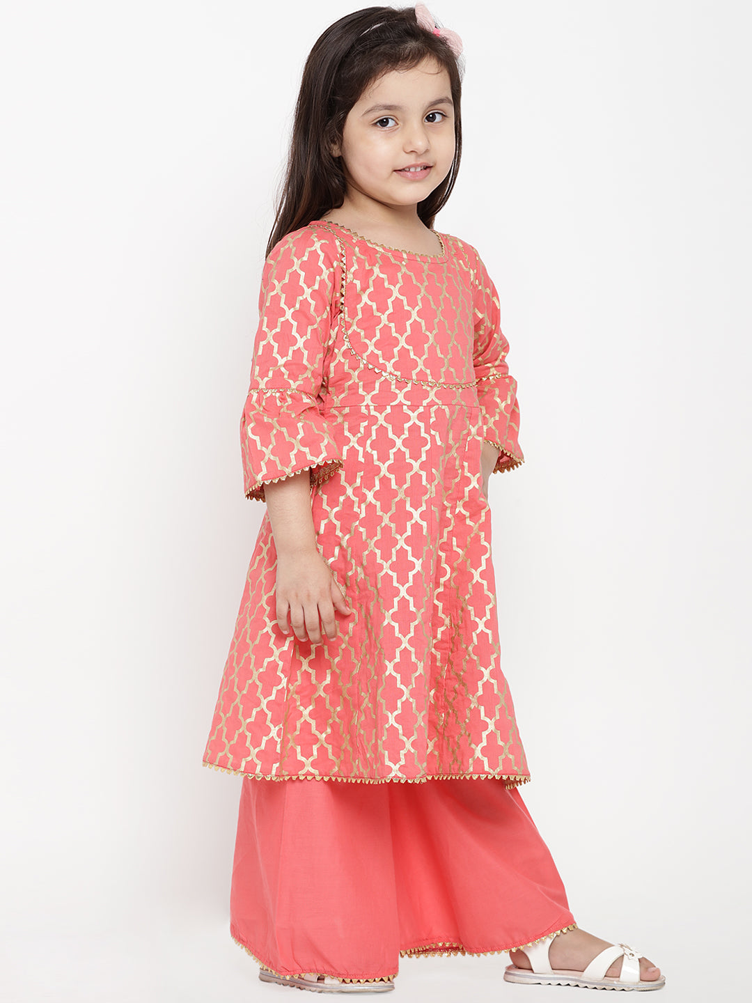 Bitiya by Bhama Girls Peach-Coloured Printed Kurti with Palazzos