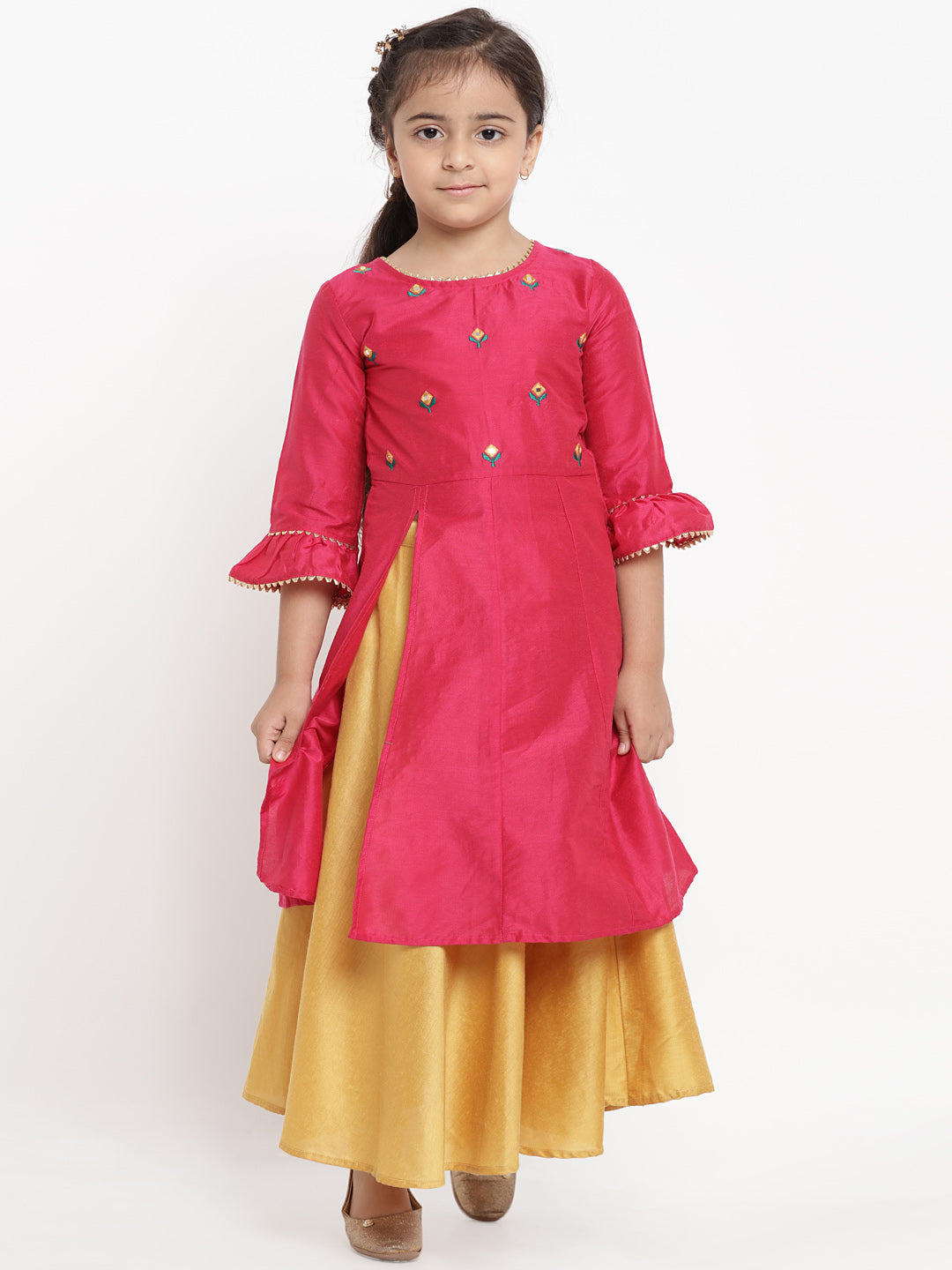 Bitiya By Bhama Girls Pink & Yellow Embroidered Kurta With Skirt