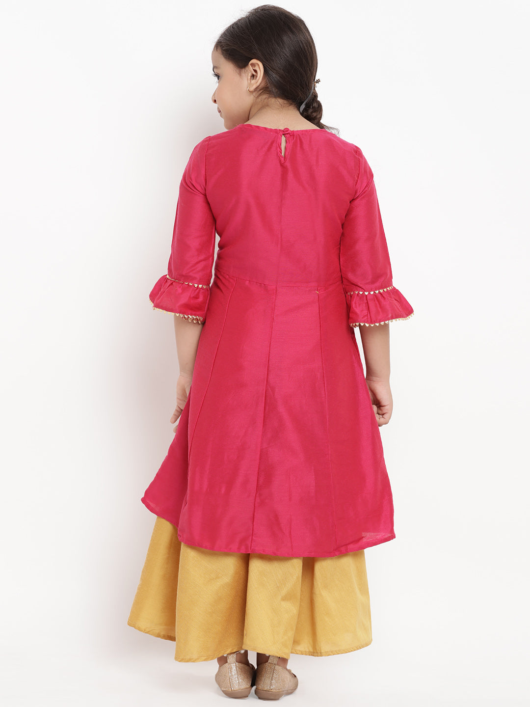 Bitiya By Bhama Girls Pink & Yellow Embroidered Kurta With Skirt