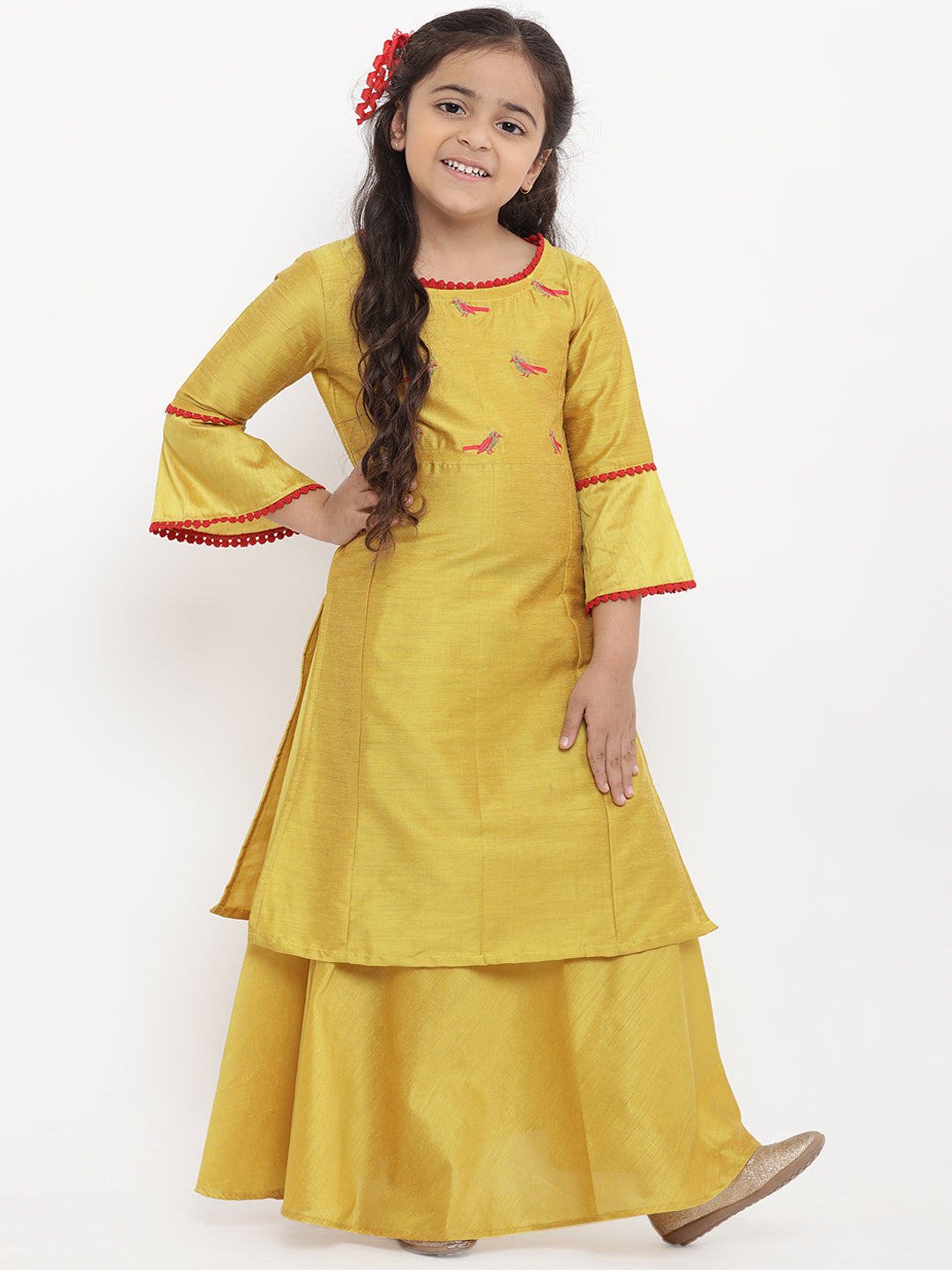 Bitiya by Bhama Girls Yellow Embroidered Kurti with Skirt