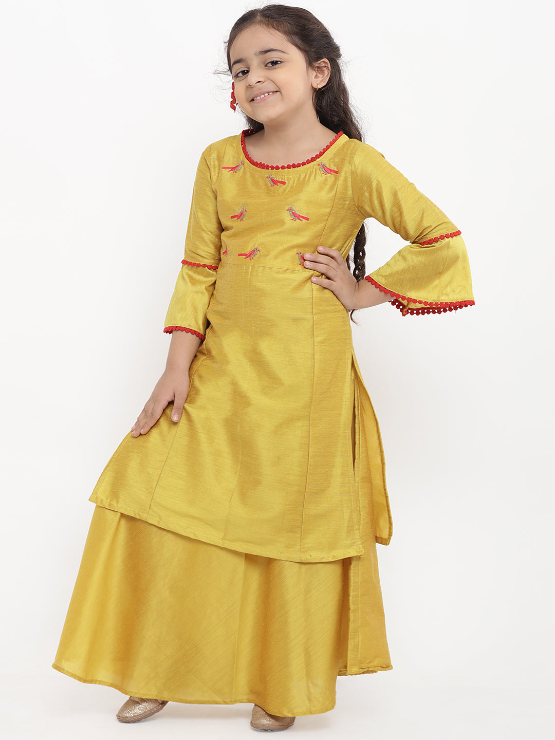 Bitiya by Bhama Girls Yellow Embroidered Kurti with Skirt