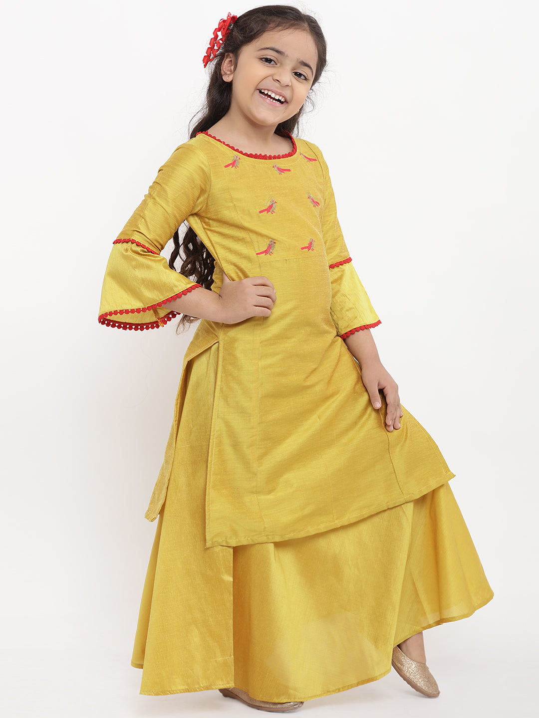 Bitiya by Bhama Girls Yellow Embroidered Kurti with Skirt