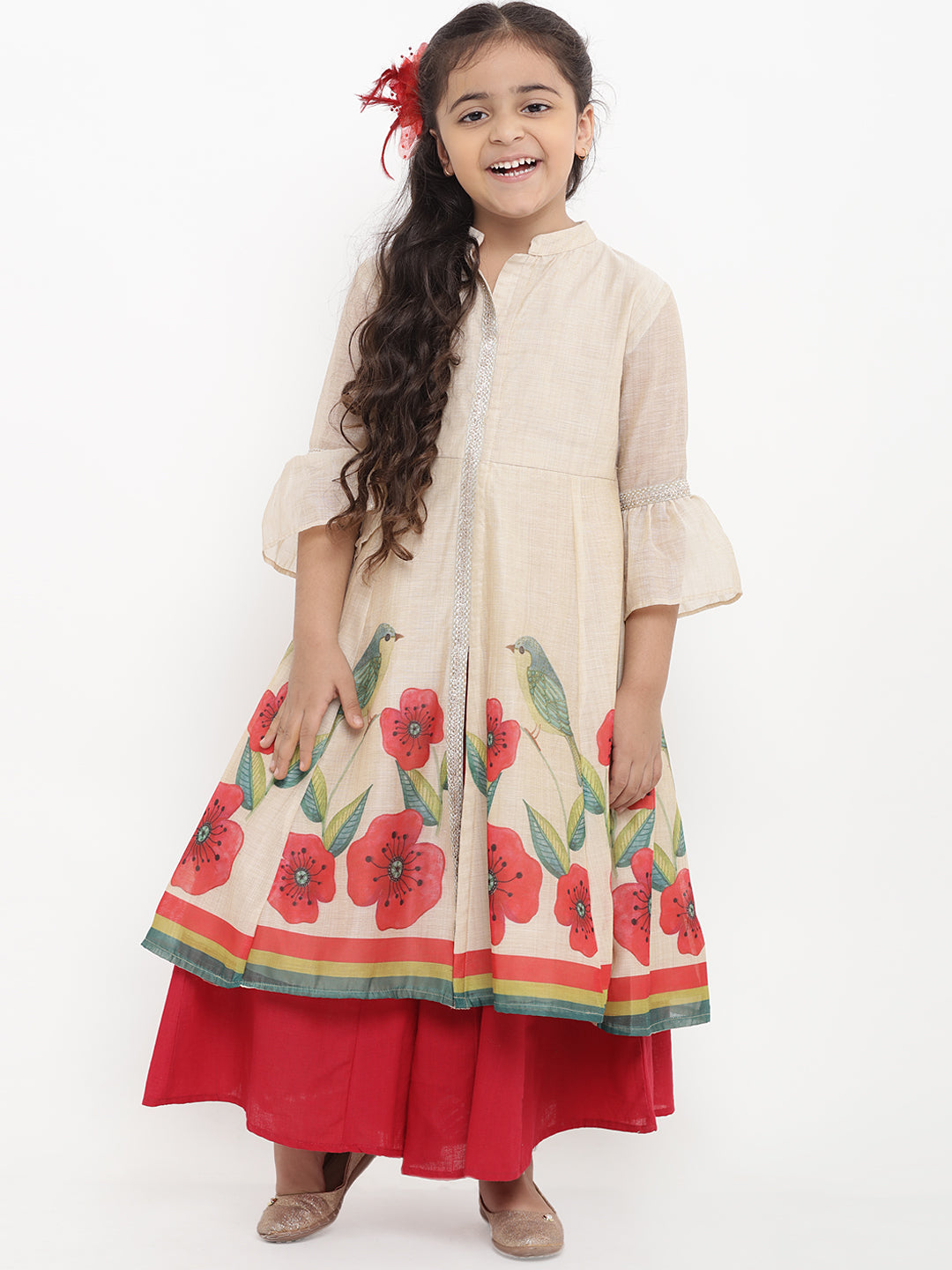 Bitiya By Bhama Girls Beige Printed Kurti With Red Palazzos