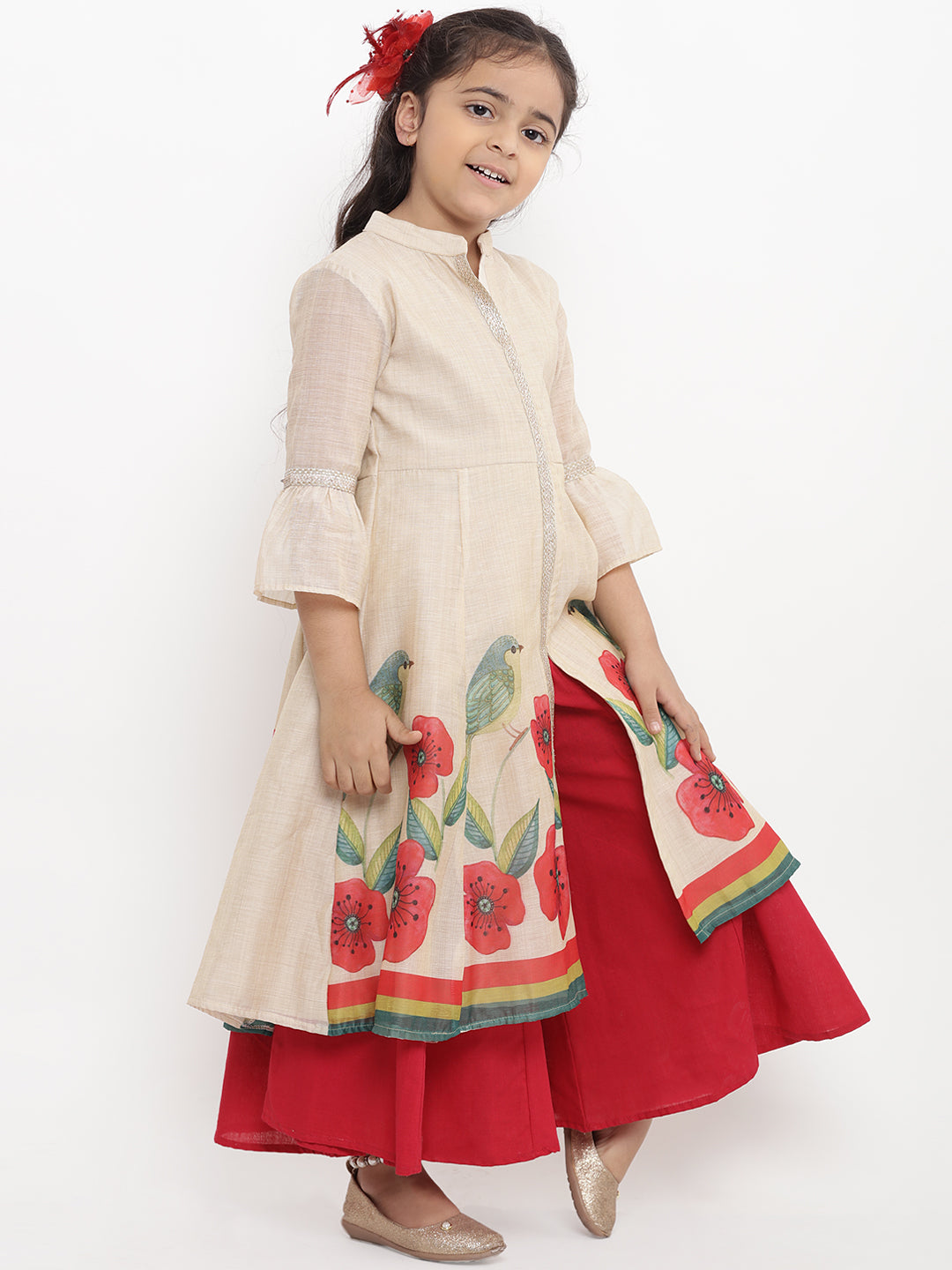Bitiya By Bhama Girls Beige Printed Kurti With Red Palazzos