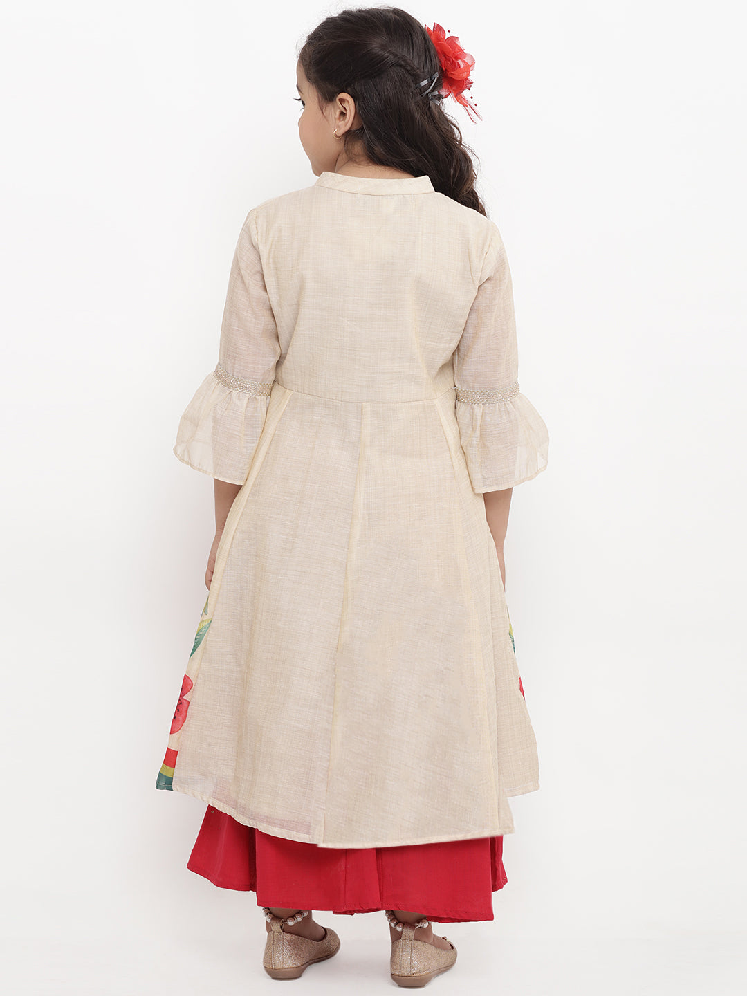 Bitiya By Bhama Girls Beige Printed Kurti With Red Palazzos