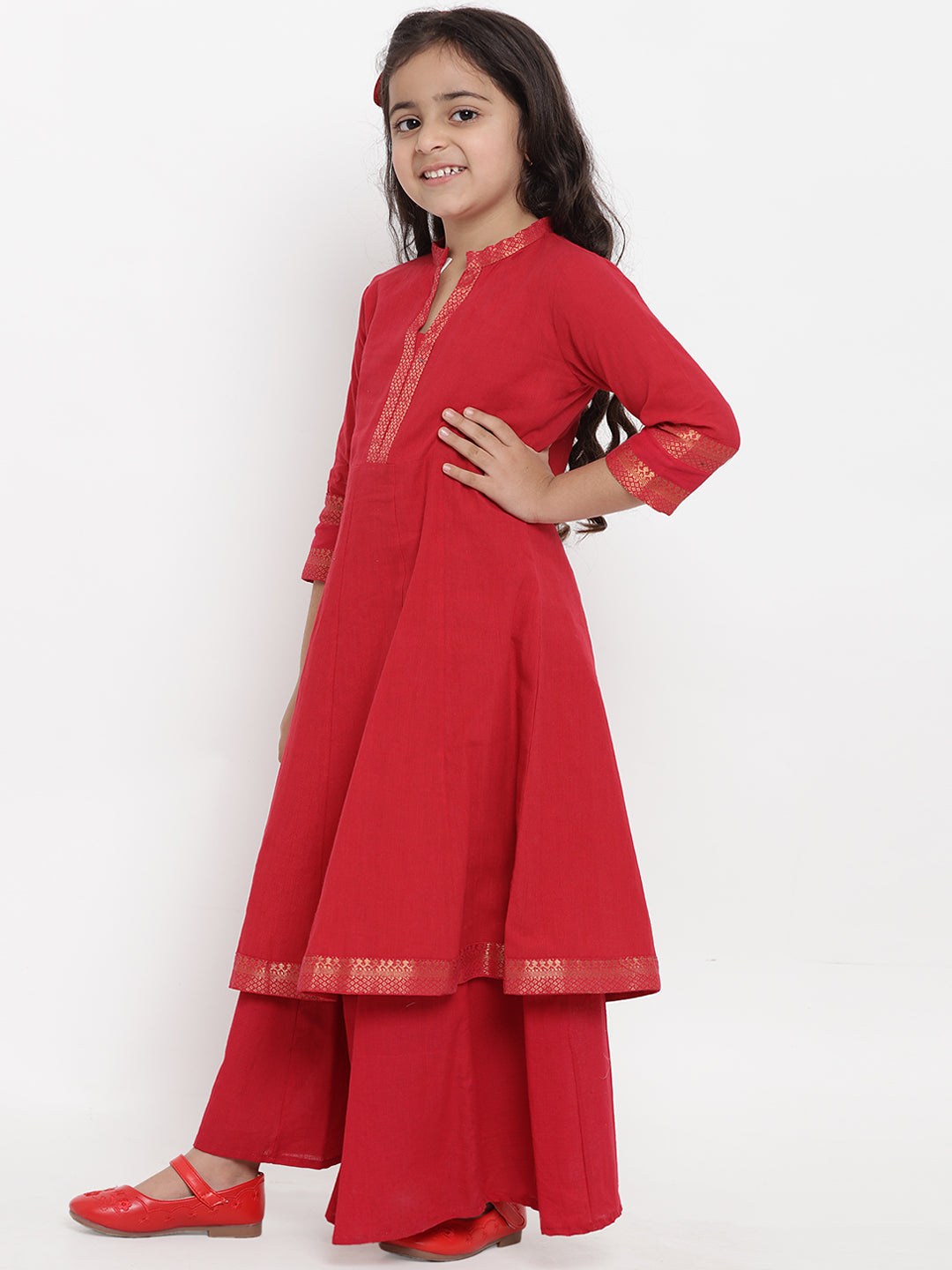 Bitiya by Bhama Girls Red Pure Cotton Kurti with Palazzos