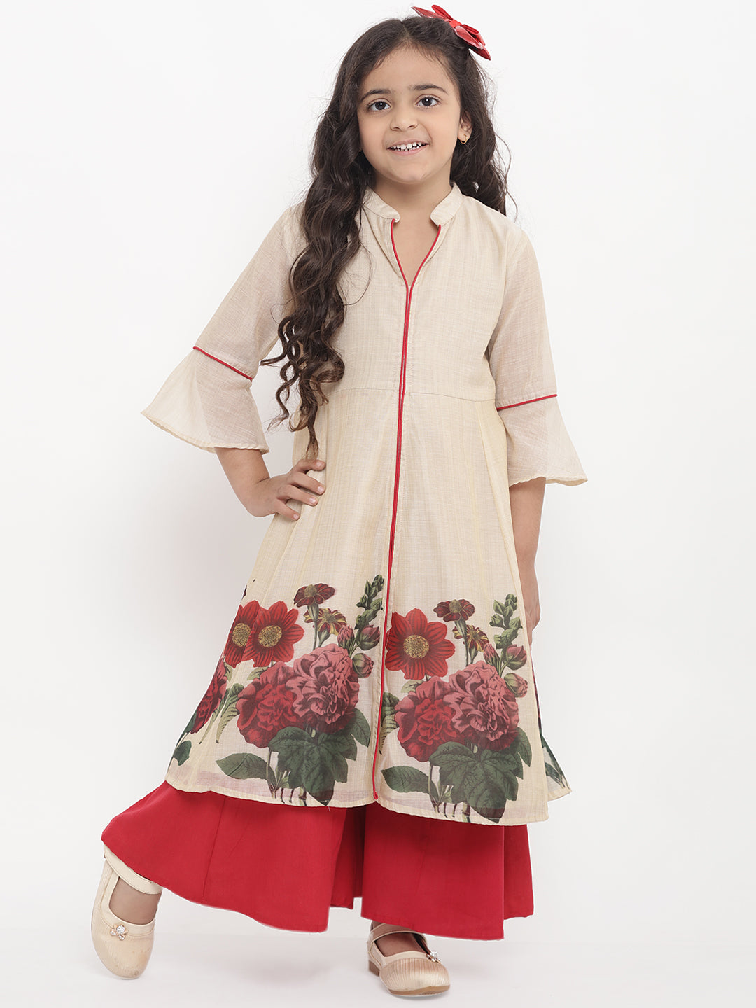 Bitiya By Bhama Girls Beige Flower Printed Kurta With Red Palazzos