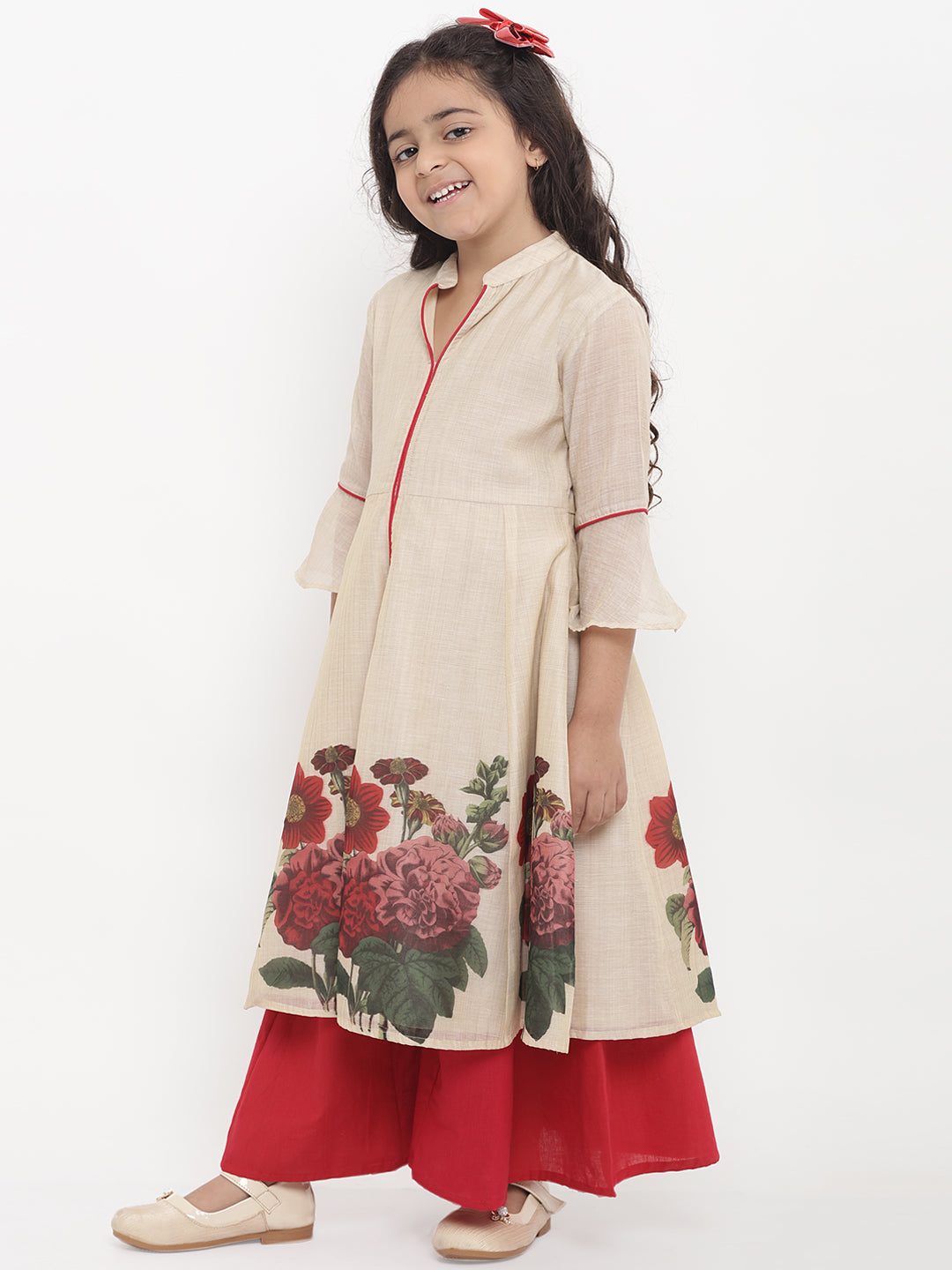 Bitiya By Bhama Girls Beige Flower Printed Kurta With Red Palazzos
