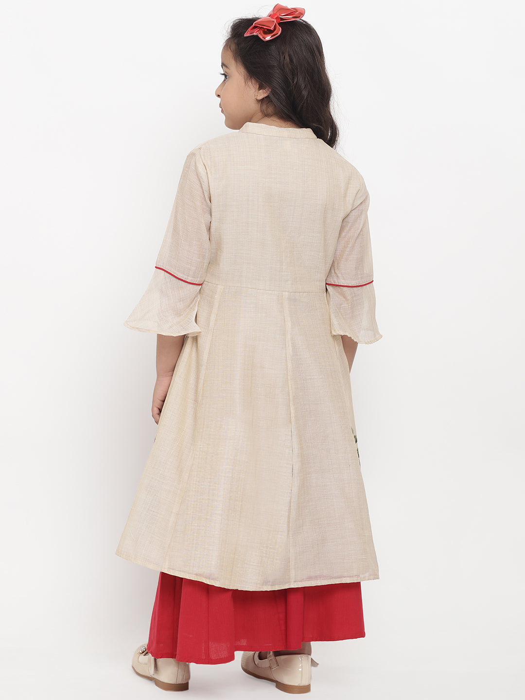 Bitiya By Bhama Girls Beige Flower Printed Kurta With Red Palazzos