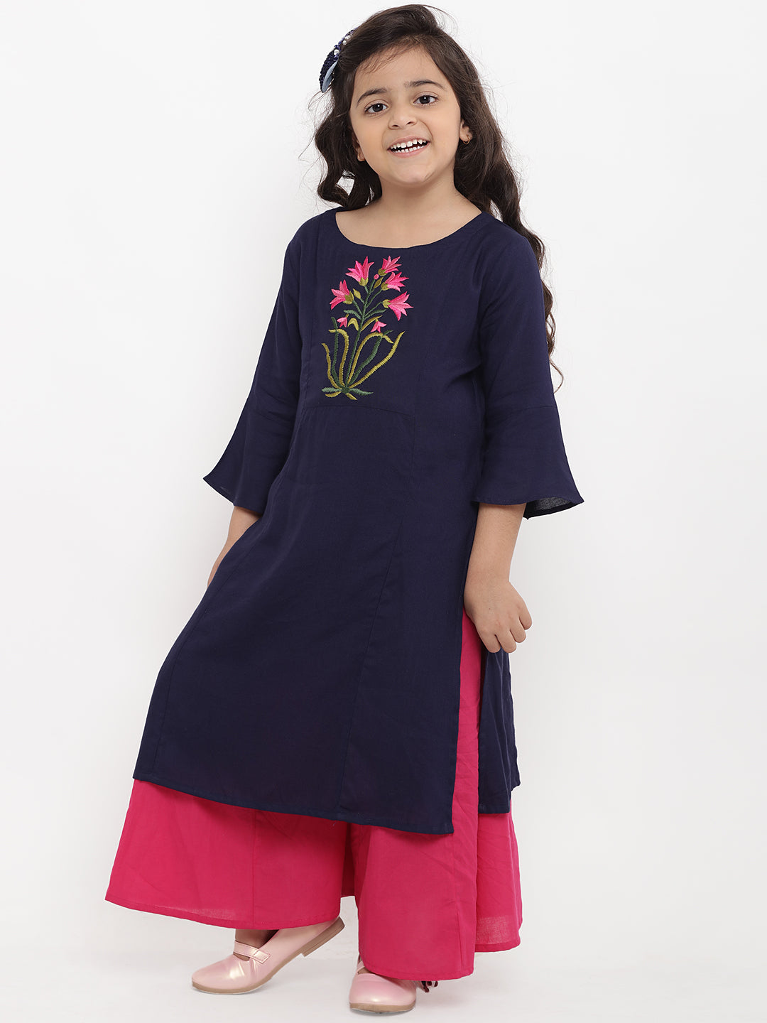 Bitiya By Bhama Girls Blue Floral Embroidered Panelled Kurta With Palazzos
