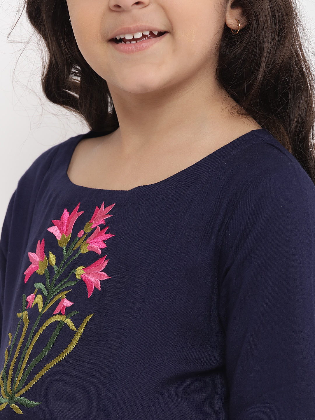 Bitiya By Bhama Girls Blue Floral Embroidered Panelled Kurta With Palazzos