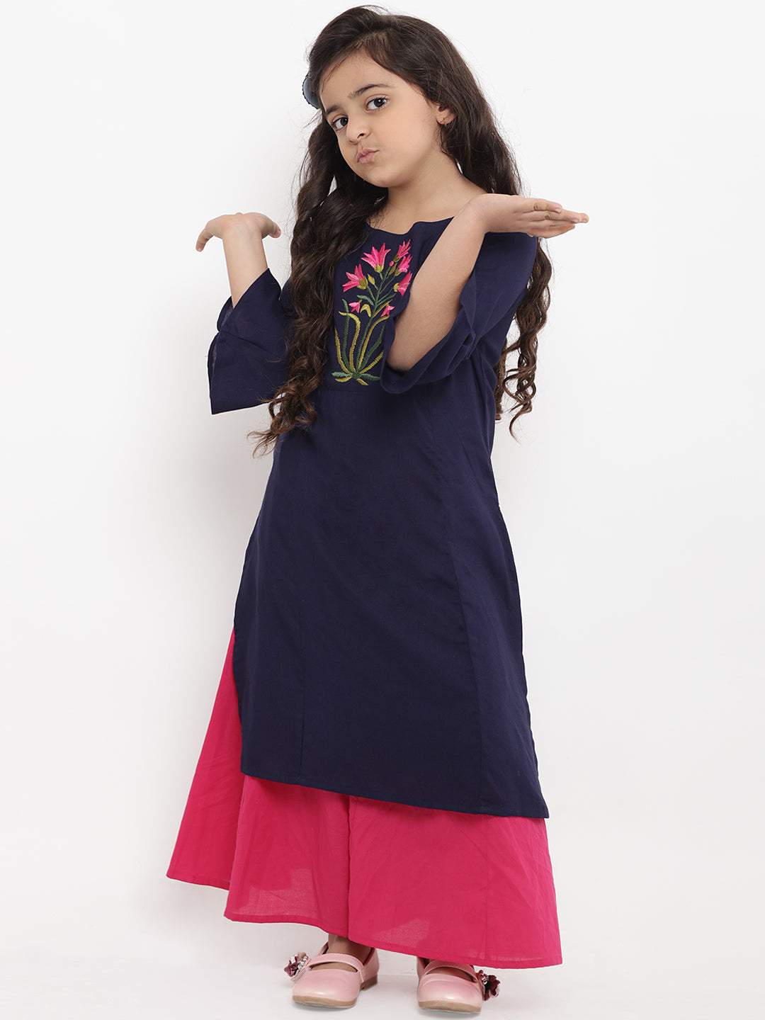 Bitiya By Bhama Girls Blue Floral Embroidered Panelled Kurta With Palazzos