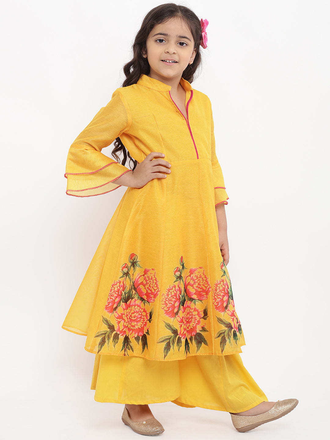Bitiya By Bhama Girls Yellow Printed Kurta With Palazzos