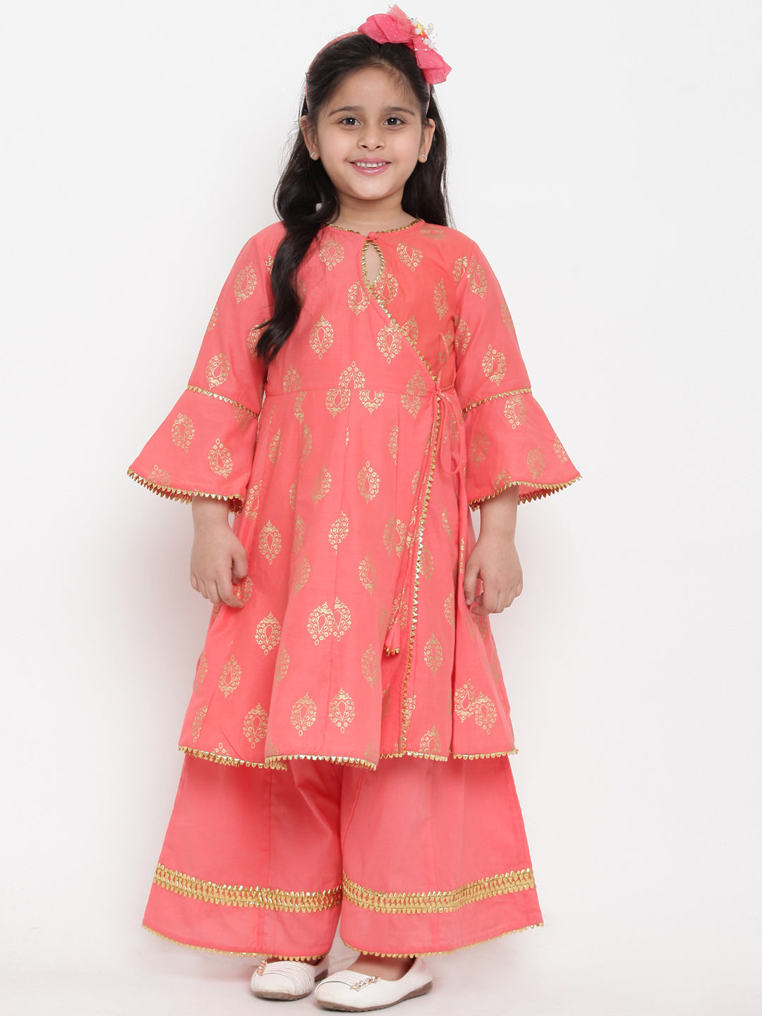 Bitiya By Bhama Girls Peach-Coloured Woven Design Kurti With Palazzos