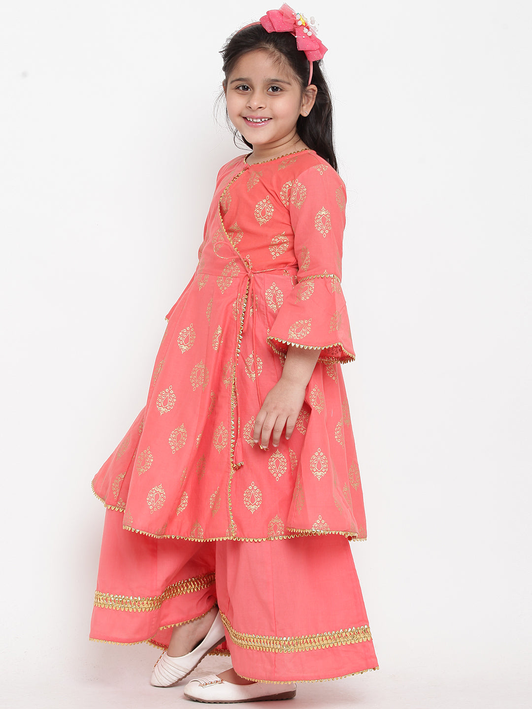 Bitiya By Bhama Girls Peach-Coloured Woven Design Kurti With Palazzos