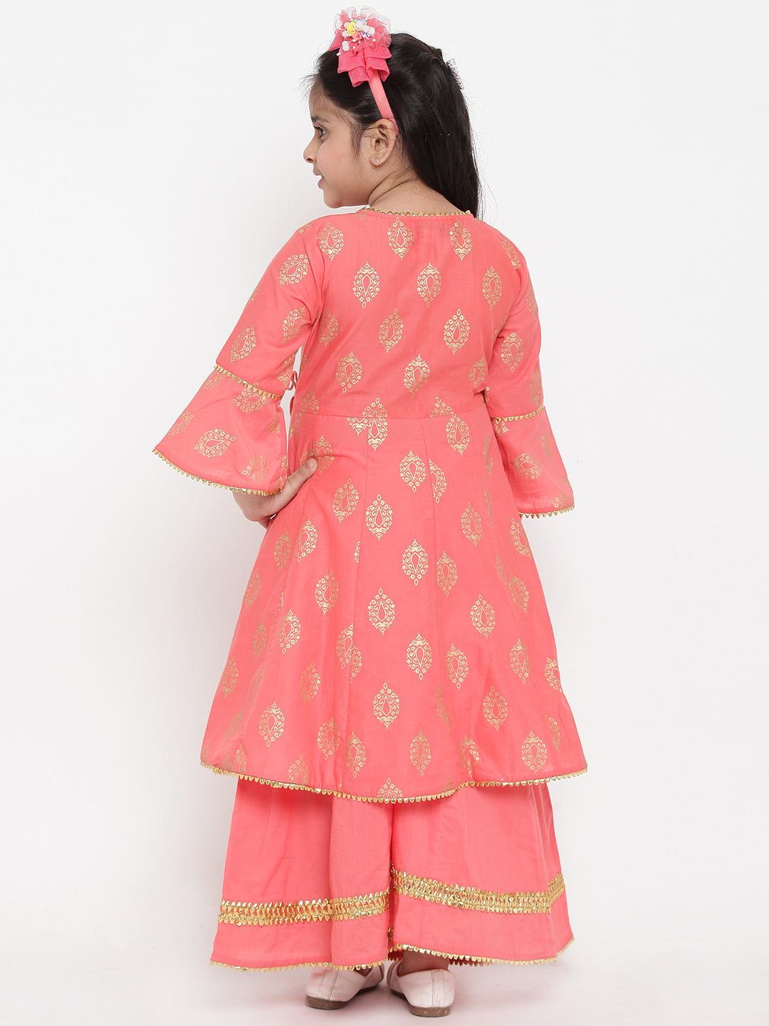 Bitiya By Bhama Girls Peach-Coloured Woven Design Kurti With Palazzos