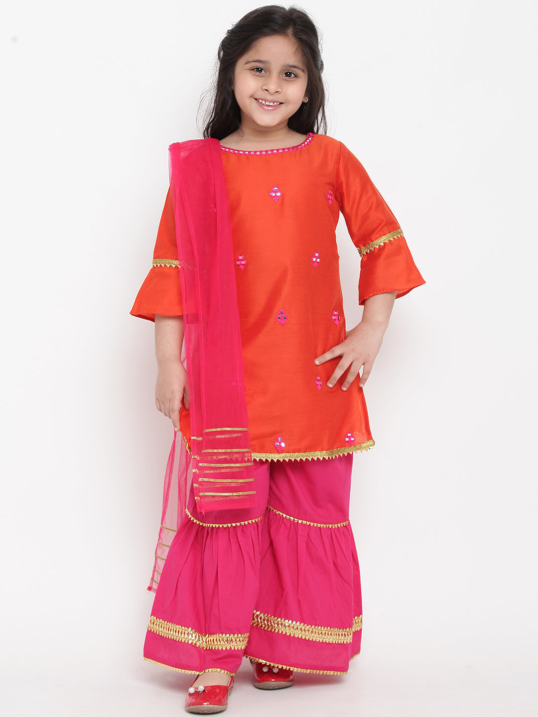 Bitiya By Bhama Girls Orange & Pink Embroidered Kurta With Palazzos & Dupatta