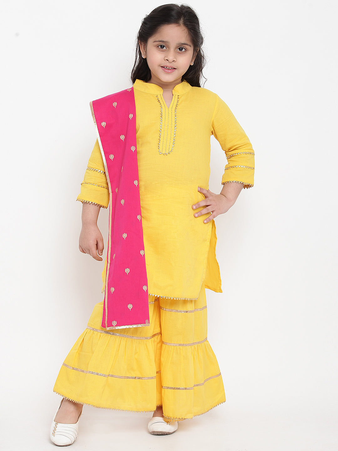Bitiya By Bhama Girls Yellow Solid Kurta With Sharara & Pink Dupatta