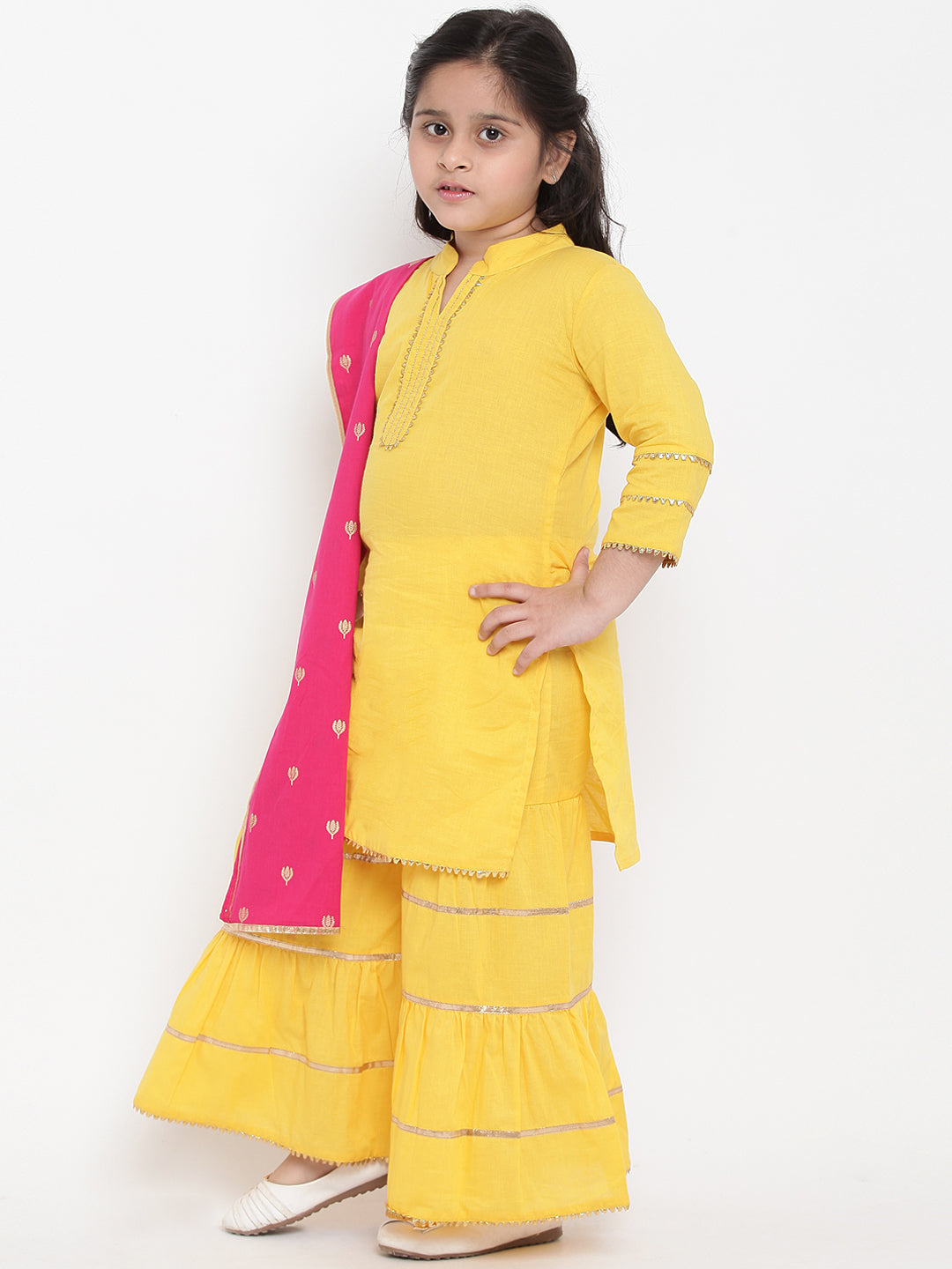 Bitiya By Bhama Girls Yellow Solid Kurta With Sharara & Pink Dupatta