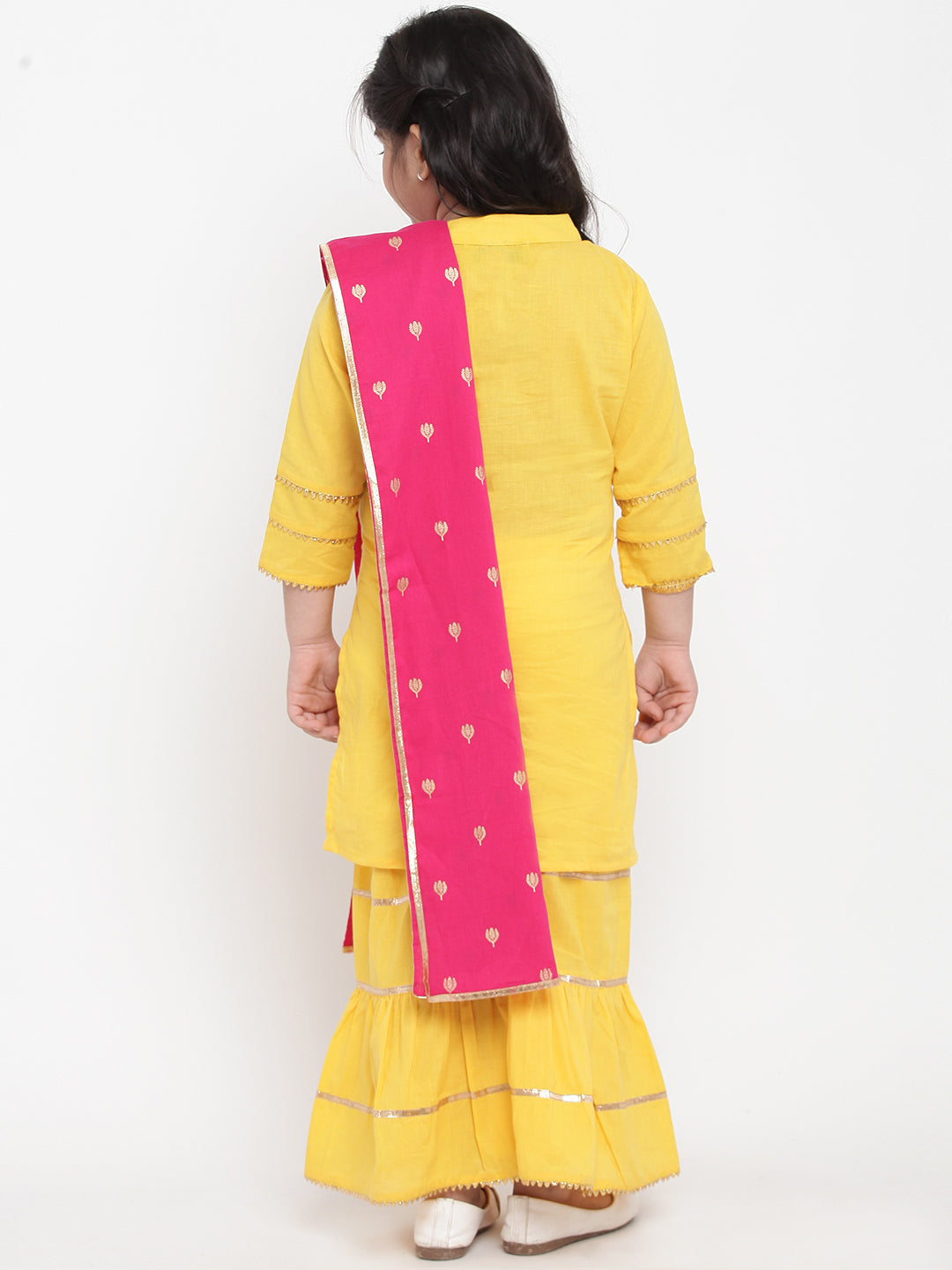 Bitiya By Bhama Girls Yellow Solid Kurta With Sharara & Pink Dupatta