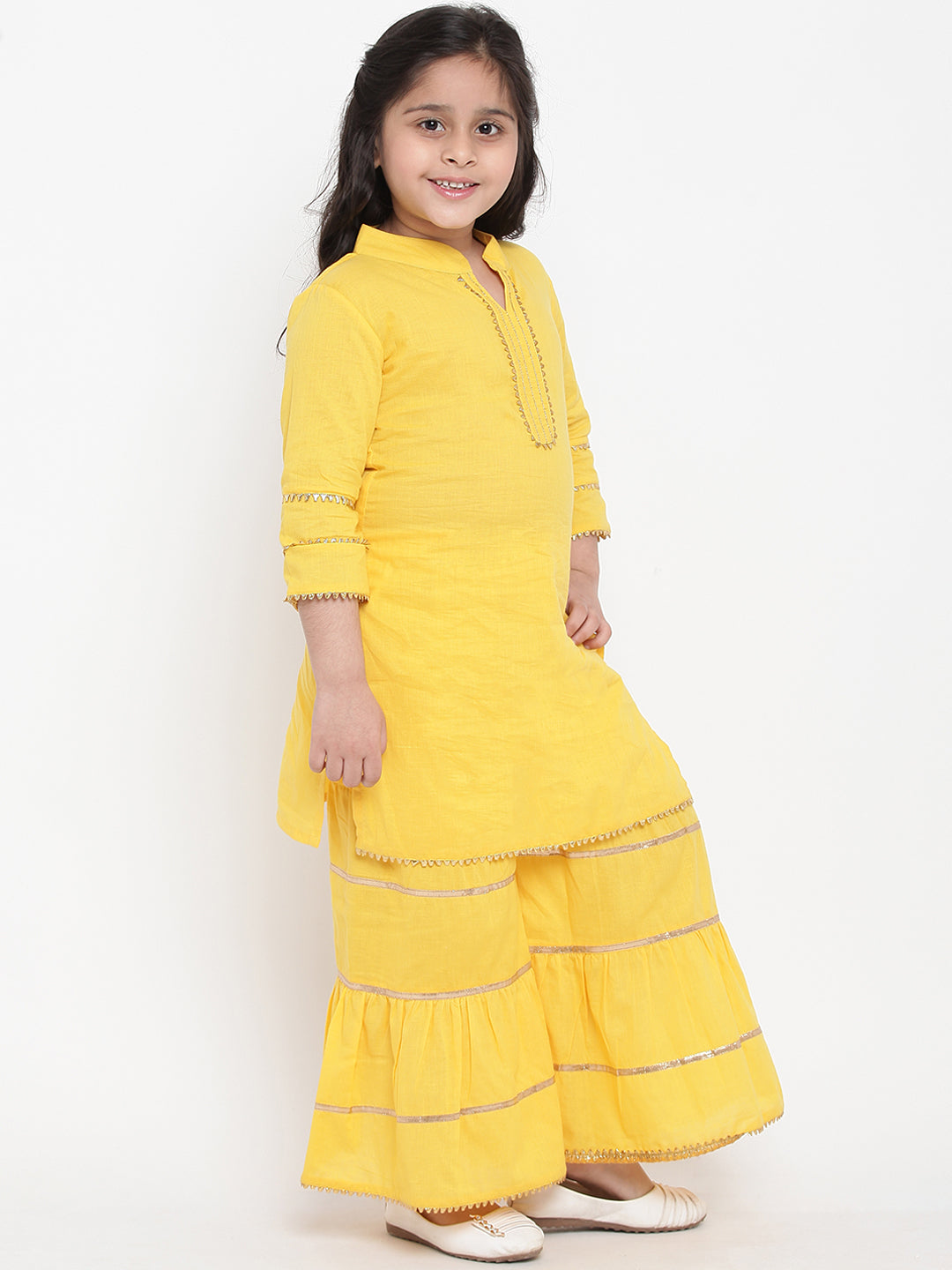 Bitiya By Bhama Girls Yellow Solid Kurta With Sharara & Pink Dupatta