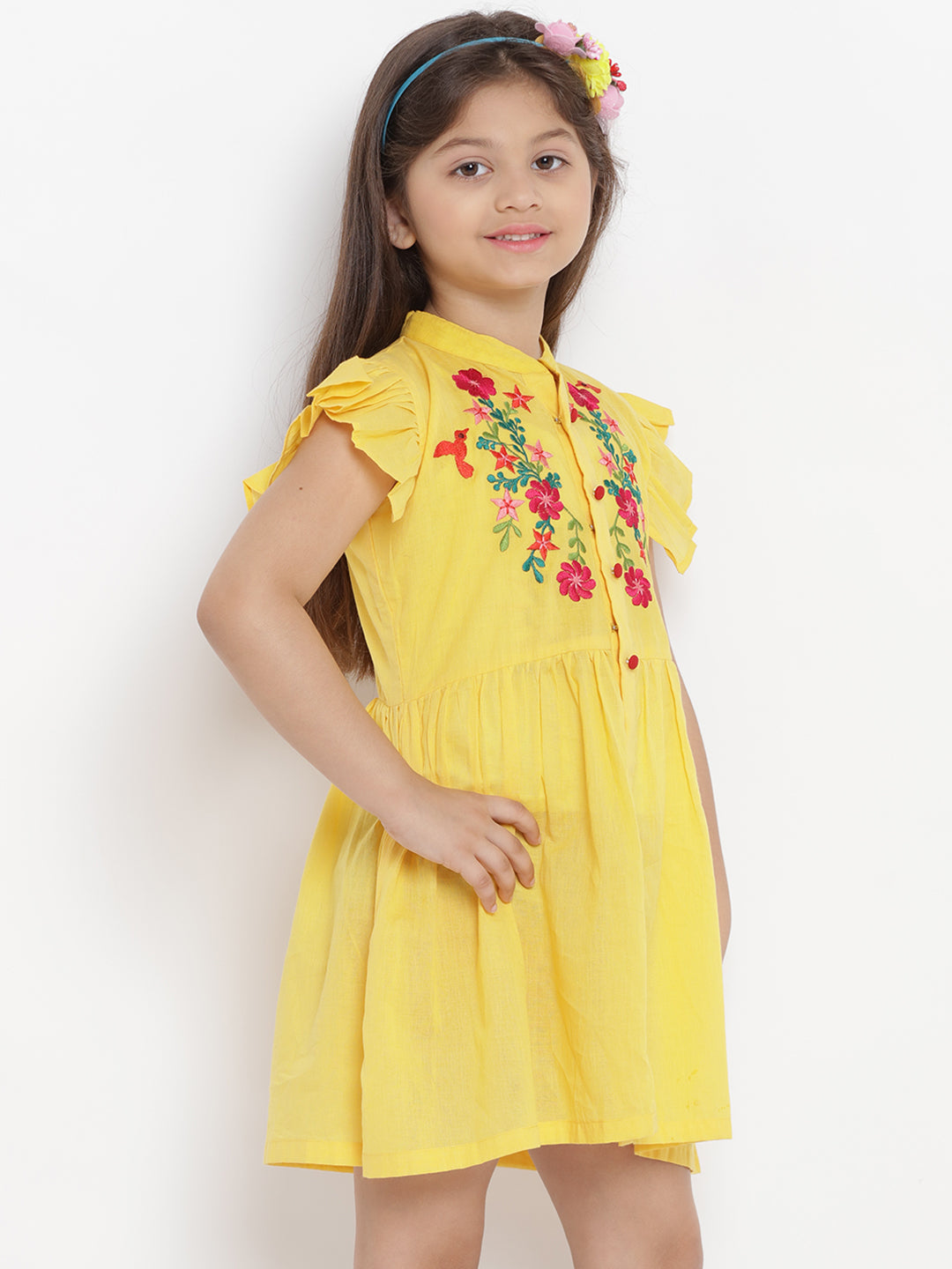 Bitiya By Bhama Girls Yellow Embroidered Dress