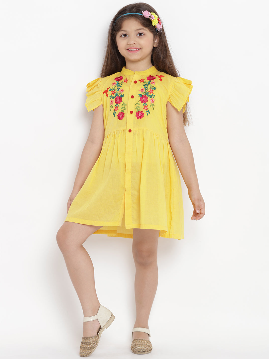 Bitiya By Bhama Girls Yellow Embroidered Dress