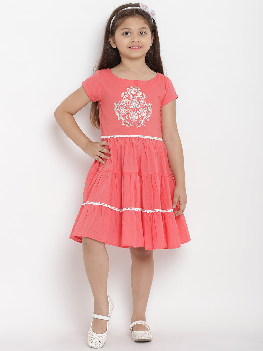 Bitiya By Bhama Girls Peach-Coloured Printed A-Line Dress