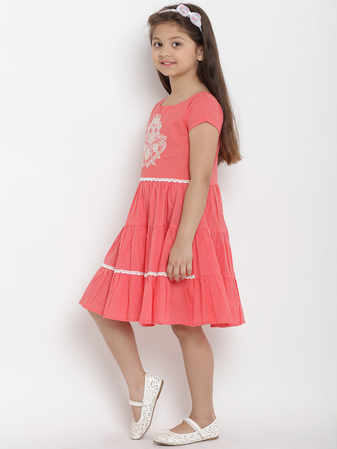 Bitiya By Bhama Girls Peach-Coloured Printed A-Line Dress