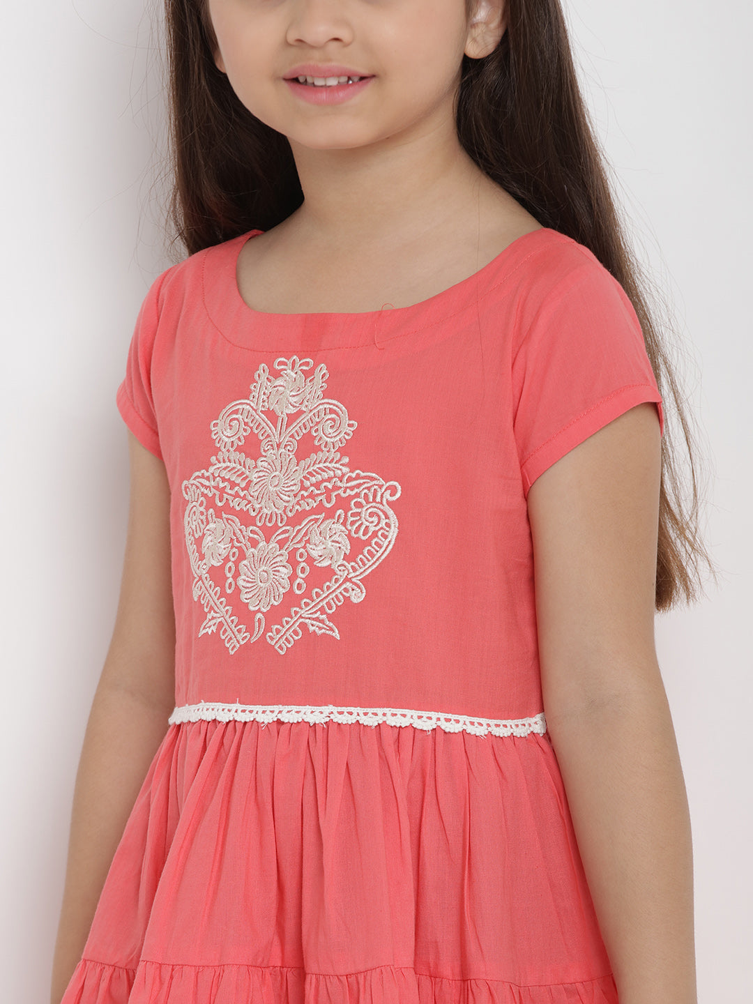 Bitiya By Bhama Girls Peach-Coloured Printed A-Line Dress