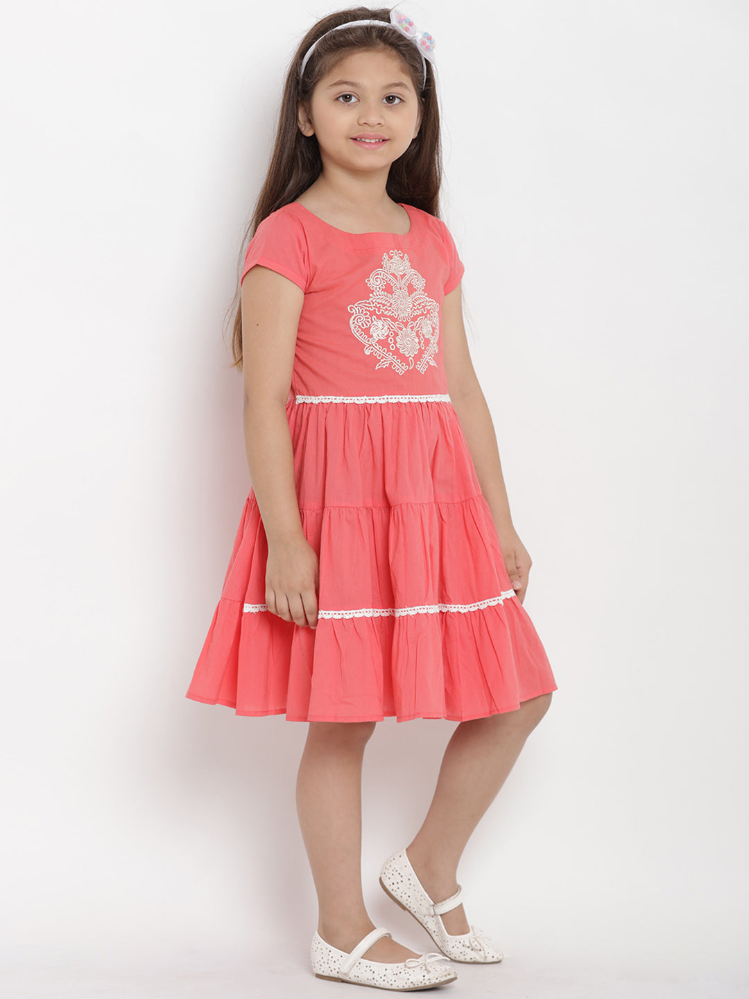 Bitiya By Bhama Girls Peach-Coloured Printed A-Line Dress
