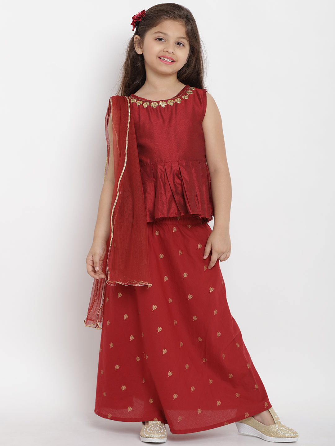 Bitiya by Bhama Girls Maroon Solid Top with Skirt