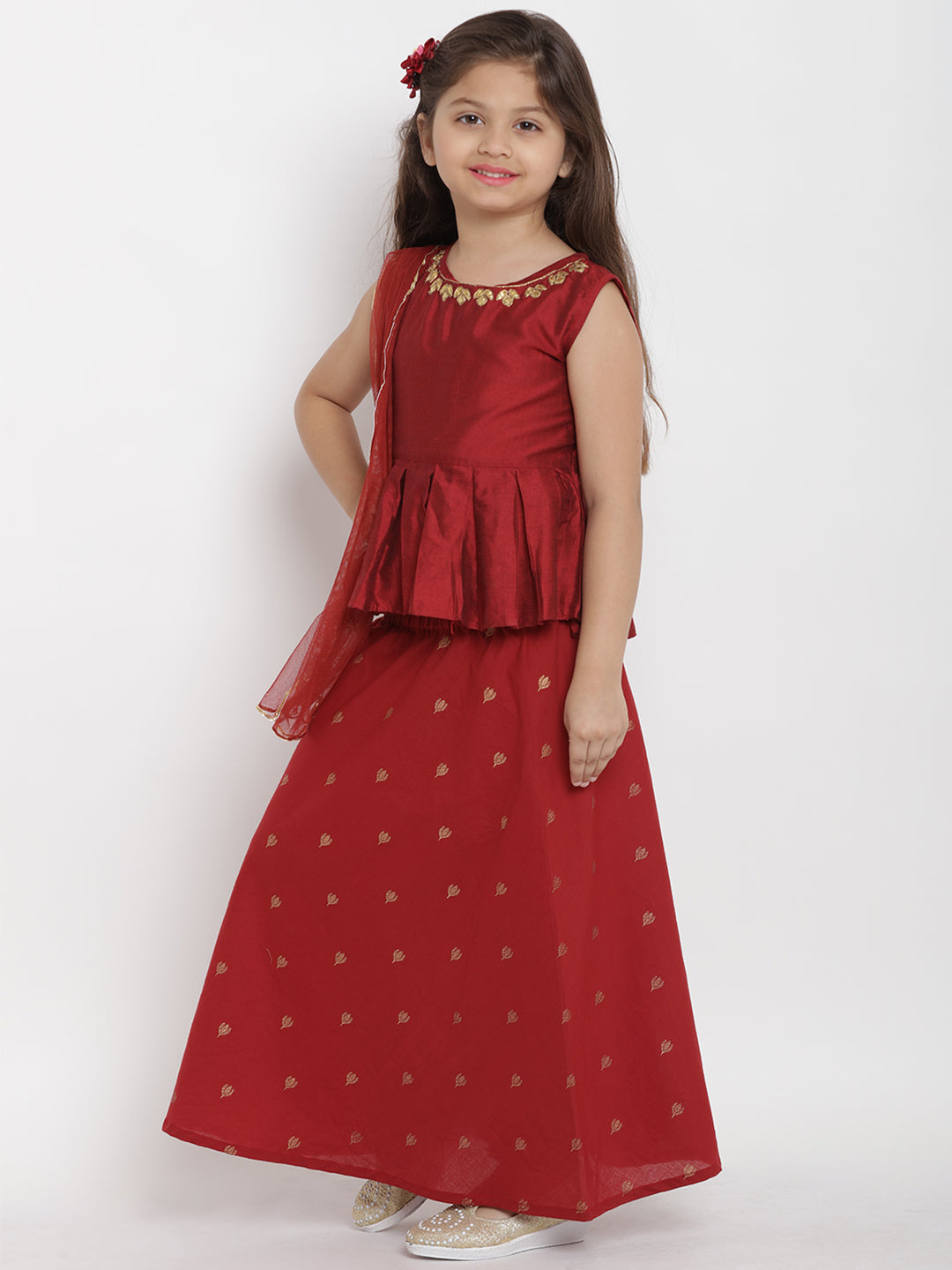 Bitiya by Bhama Girls Maroon Solid Top with Skirt