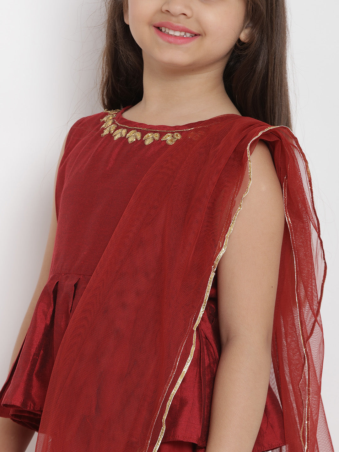 Bitiya by Bhama Girls Maroon Solid Top with Skirt