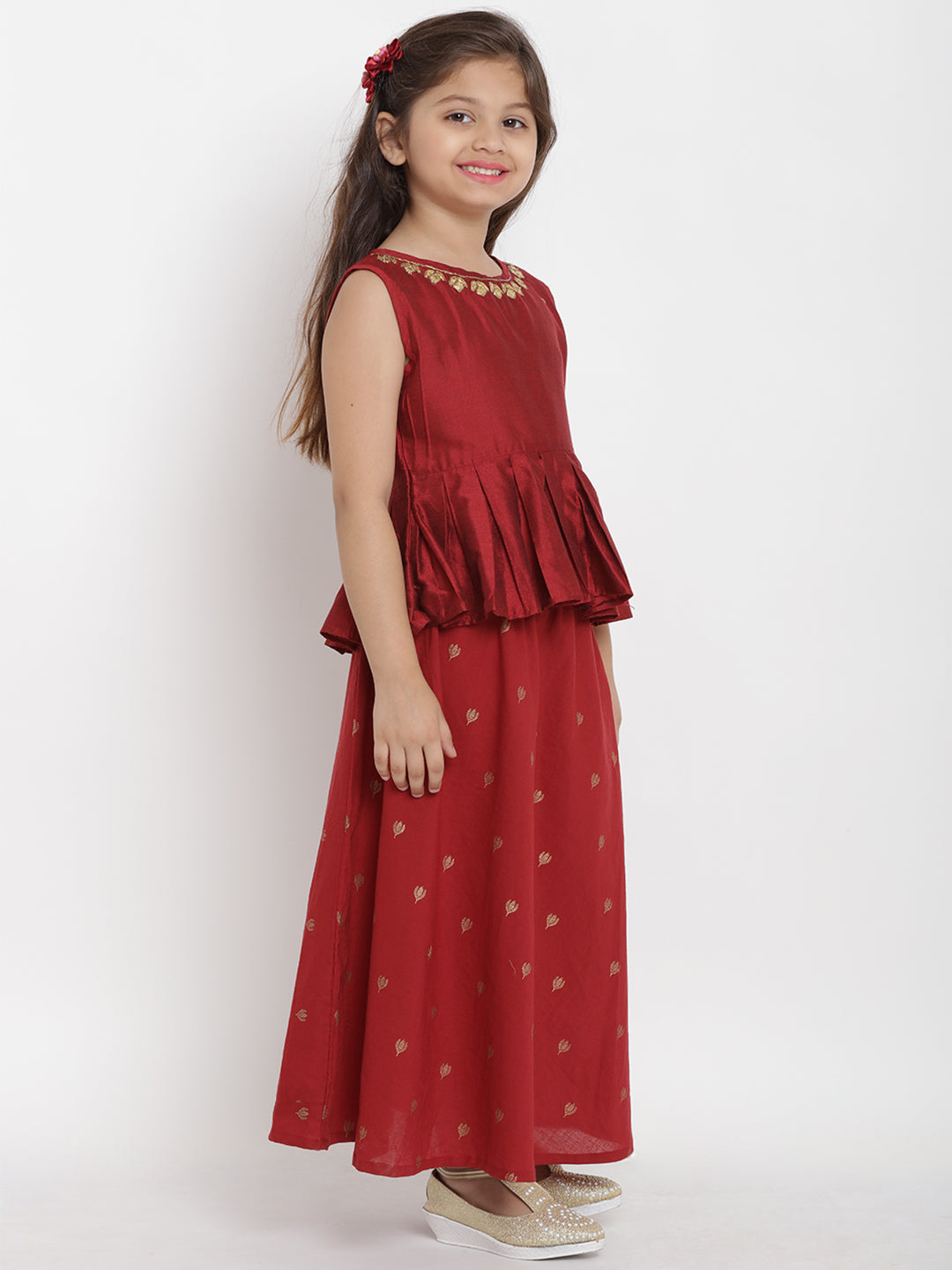 Bitiya by Bhama Girls Maroon Solid Top with Skirt