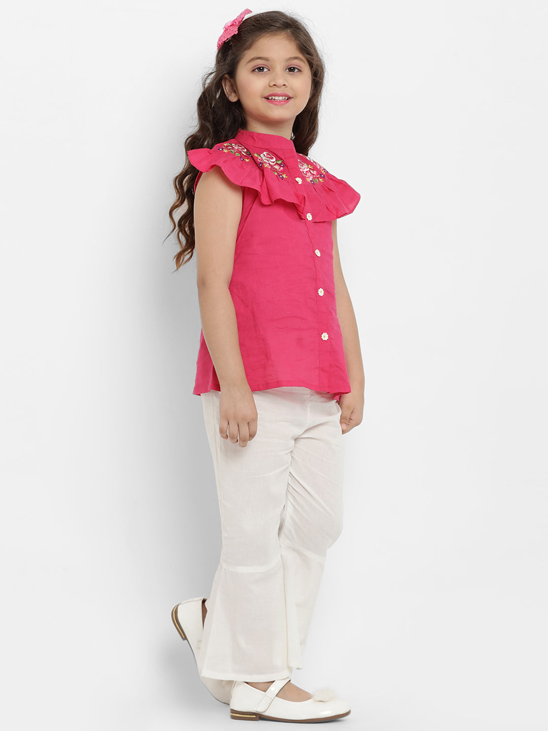 Bitiya By Bhama Girls Fuchsia Pink & White Printed Top With Palazzos