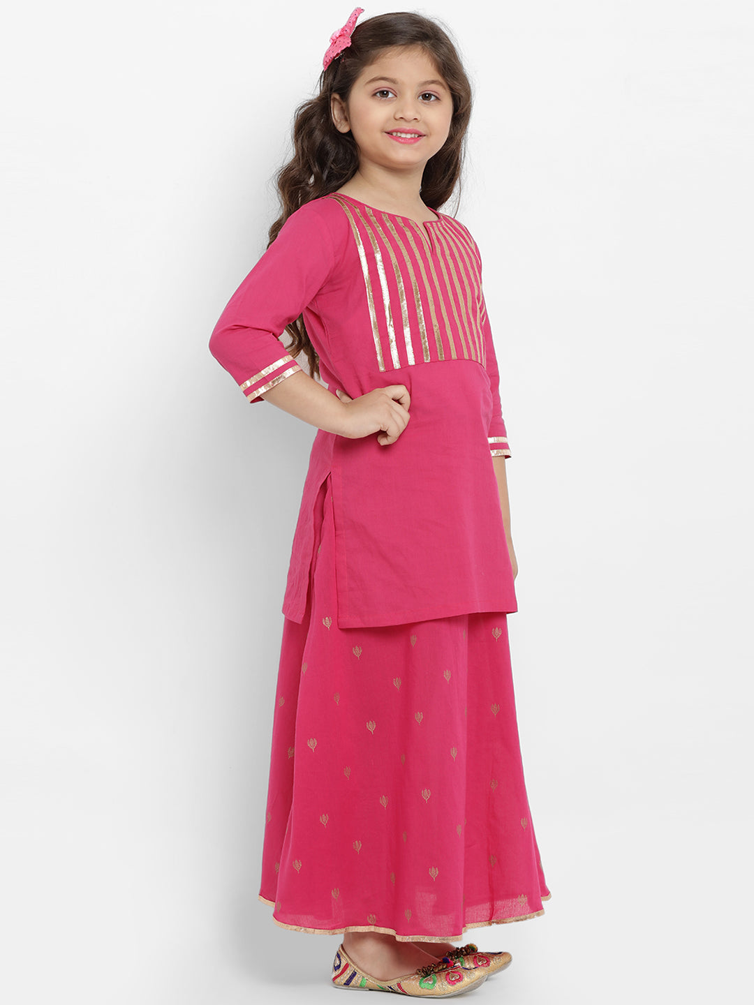 Bitiya by Bhama Girls Pink Solid Kurta with Skirt