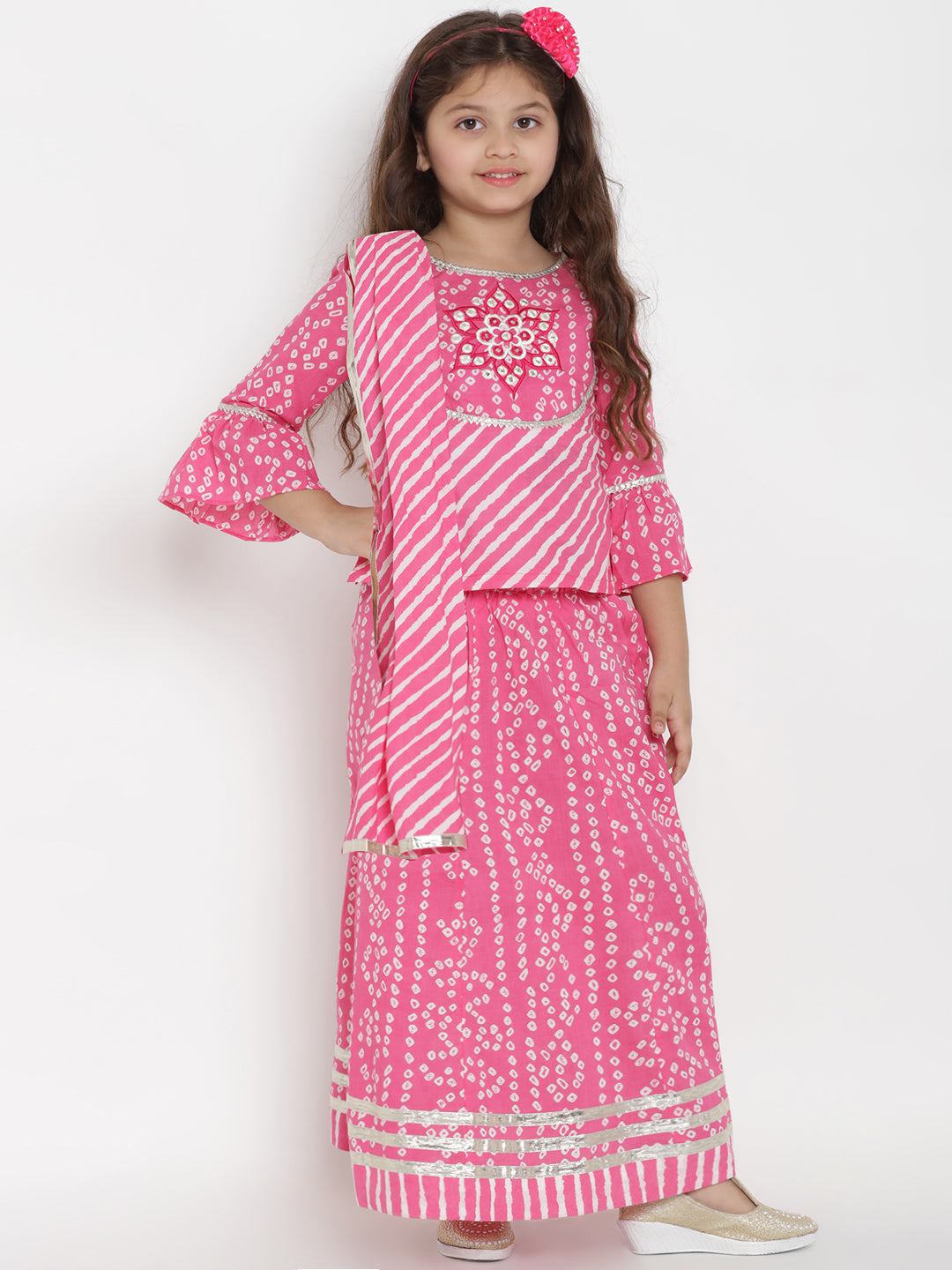 Bitiya By Bhama Girls Pink & White Printed Ready To Wear Lehenga & Blouse With Dupatta