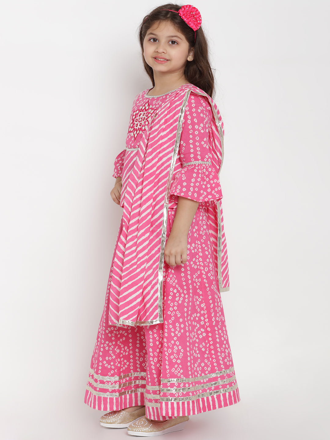 Bitiya By Bhama Girls Pink & White Printed Ready To Wear Lehenga & Blouse With Dupatta