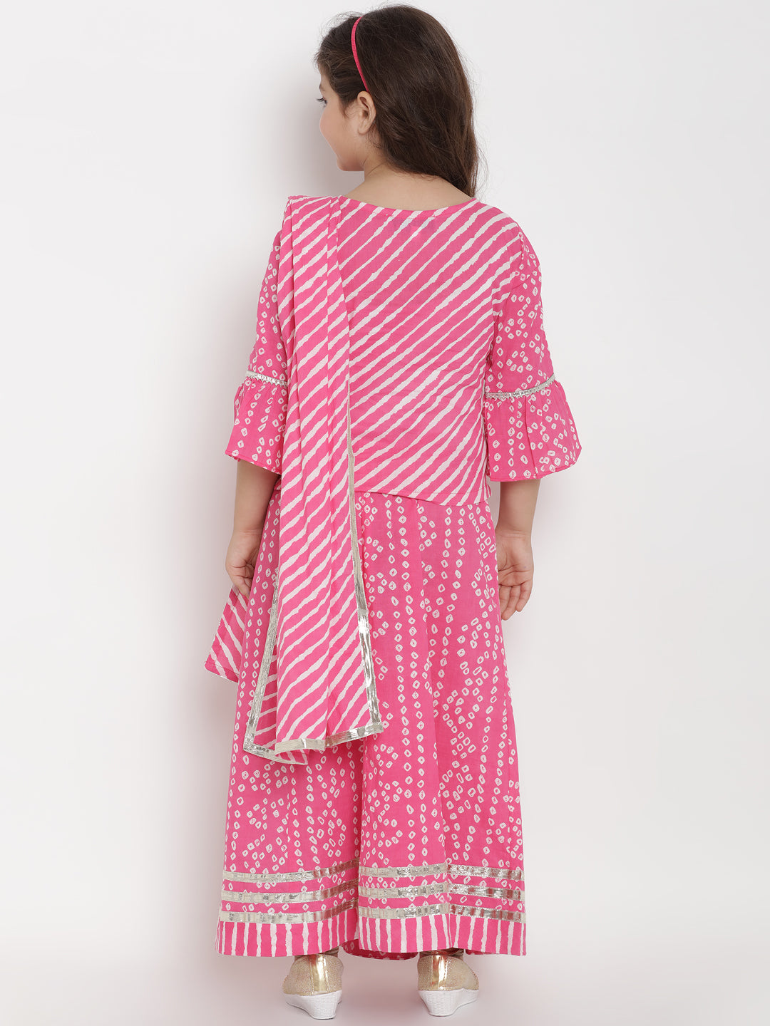 Bitiya By Bhama Girls Pink & White Printed Ready To Wear Lehenga & Blouse With Dupatta