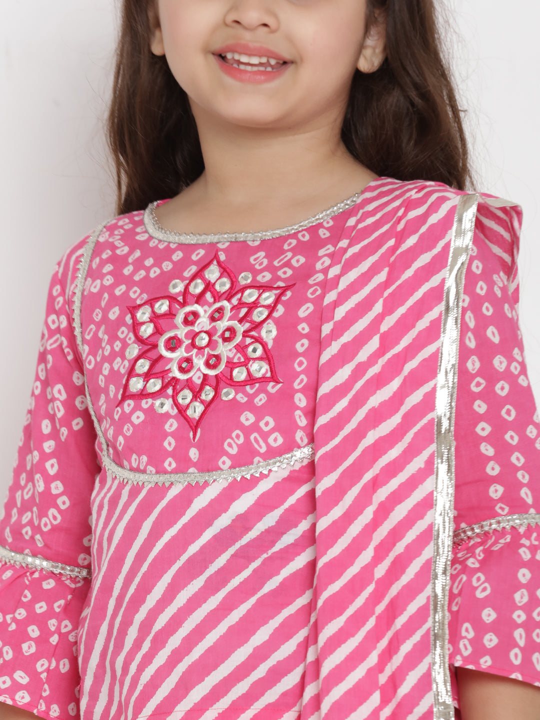 Bitiya By Bhama Girls Pink & White Printed Ready To Wear Lehenga & Blouse With Dupatta