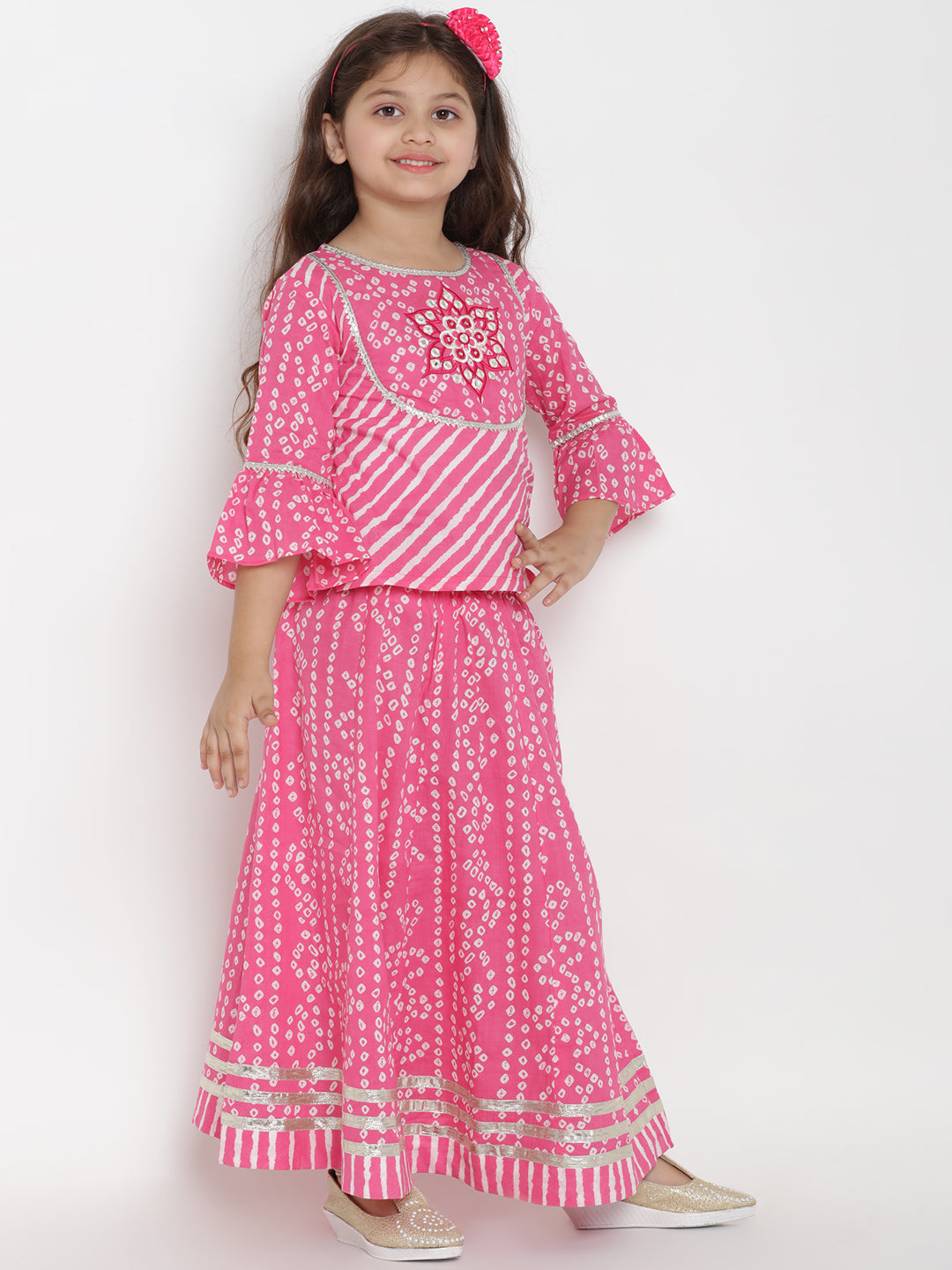 Bitiya By Bhama Girls Pink & White Printed Ready To Wear Lehenga & Blouse With Dupatta