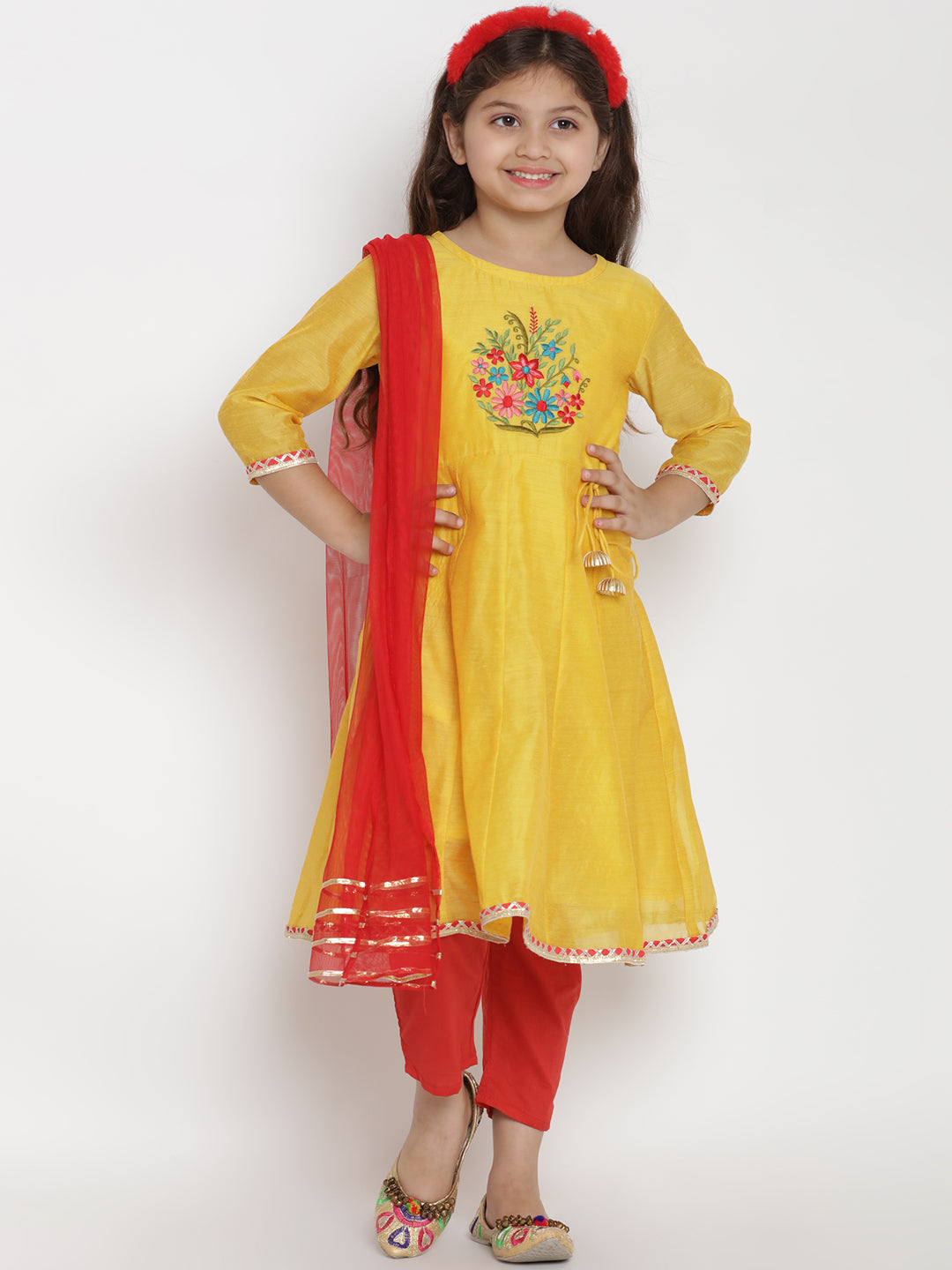 Bitiya By Bhama Girls Yellow & Red Embroidered Kurta With Trousers & Dupatta